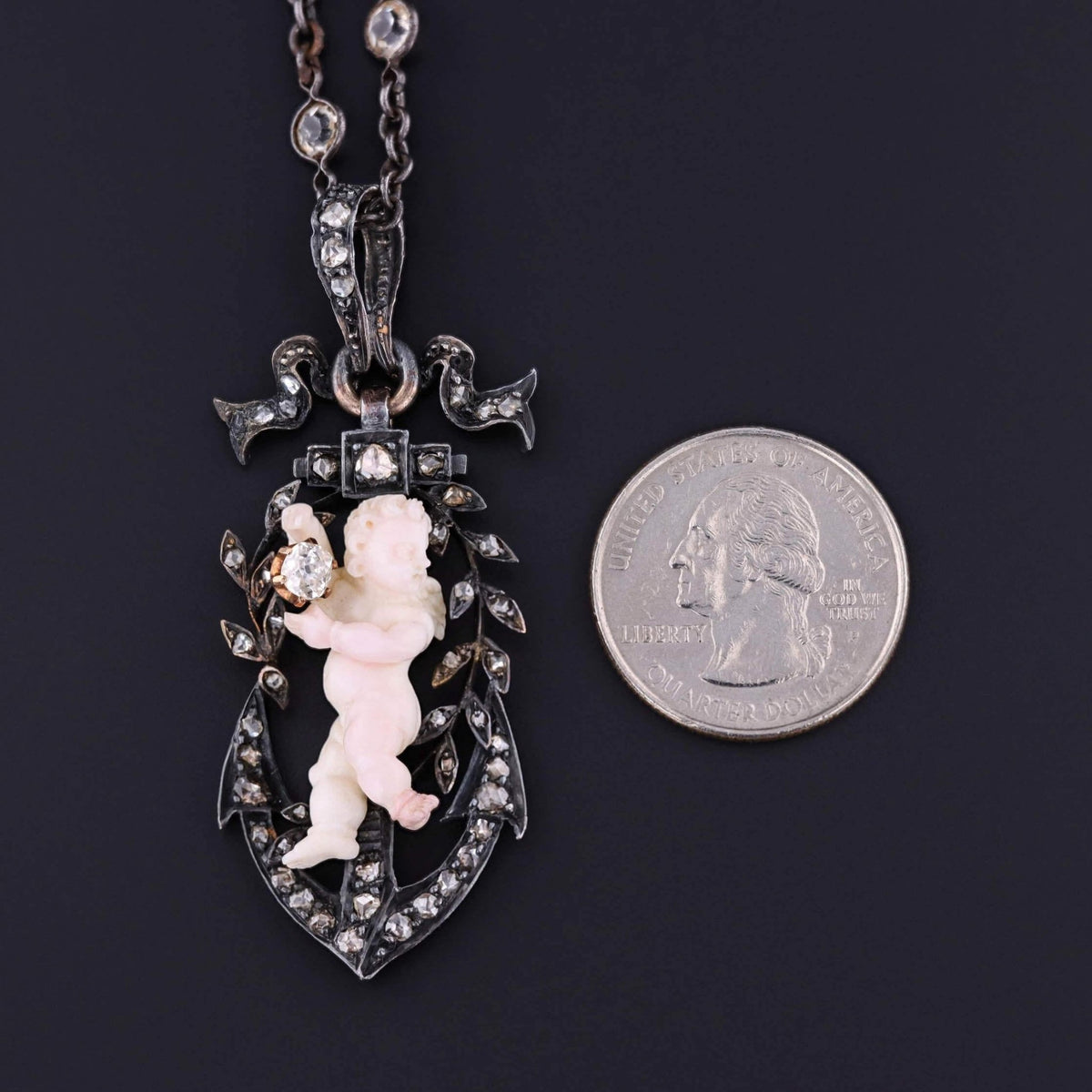 Victorian Carved Coral Cherub on Diamond Anchor in Original Box - Trademark Antiques
