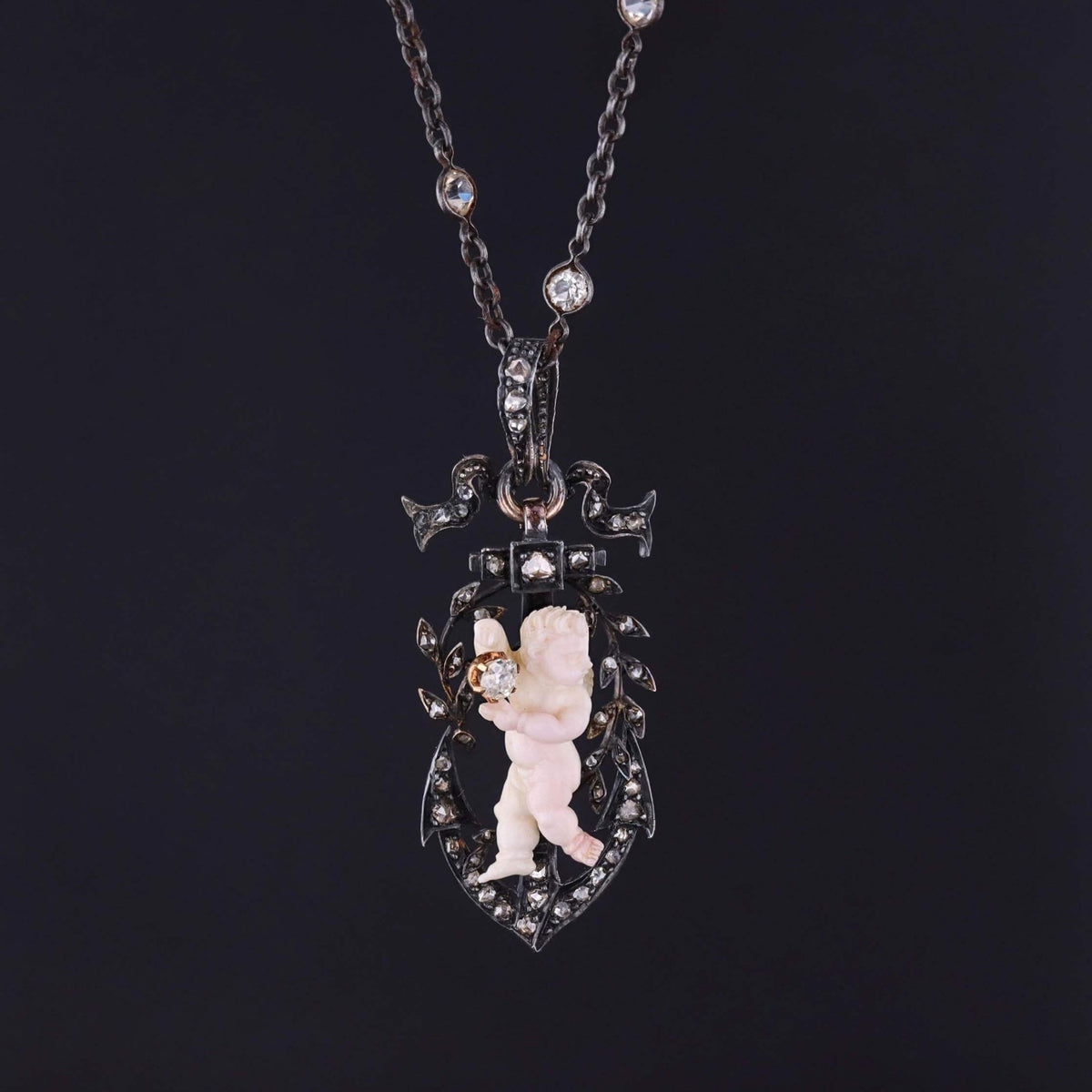 Victorian Carved Coral Cherub on Diamond Anchor in Original Box - Trademark Antiques