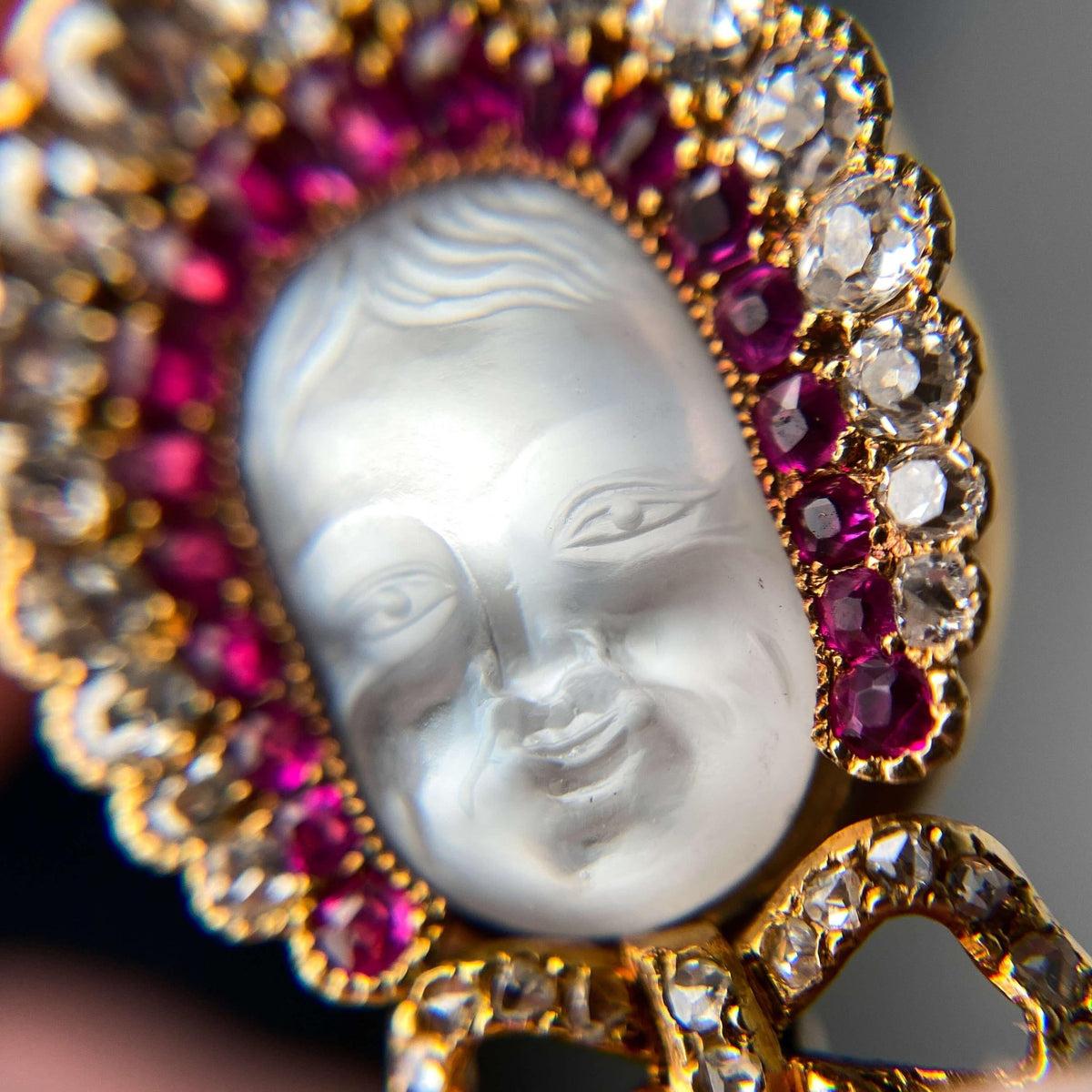 Victorian Carved Moonstone Baby Pendant of 18k Gold - Trademark Antiques