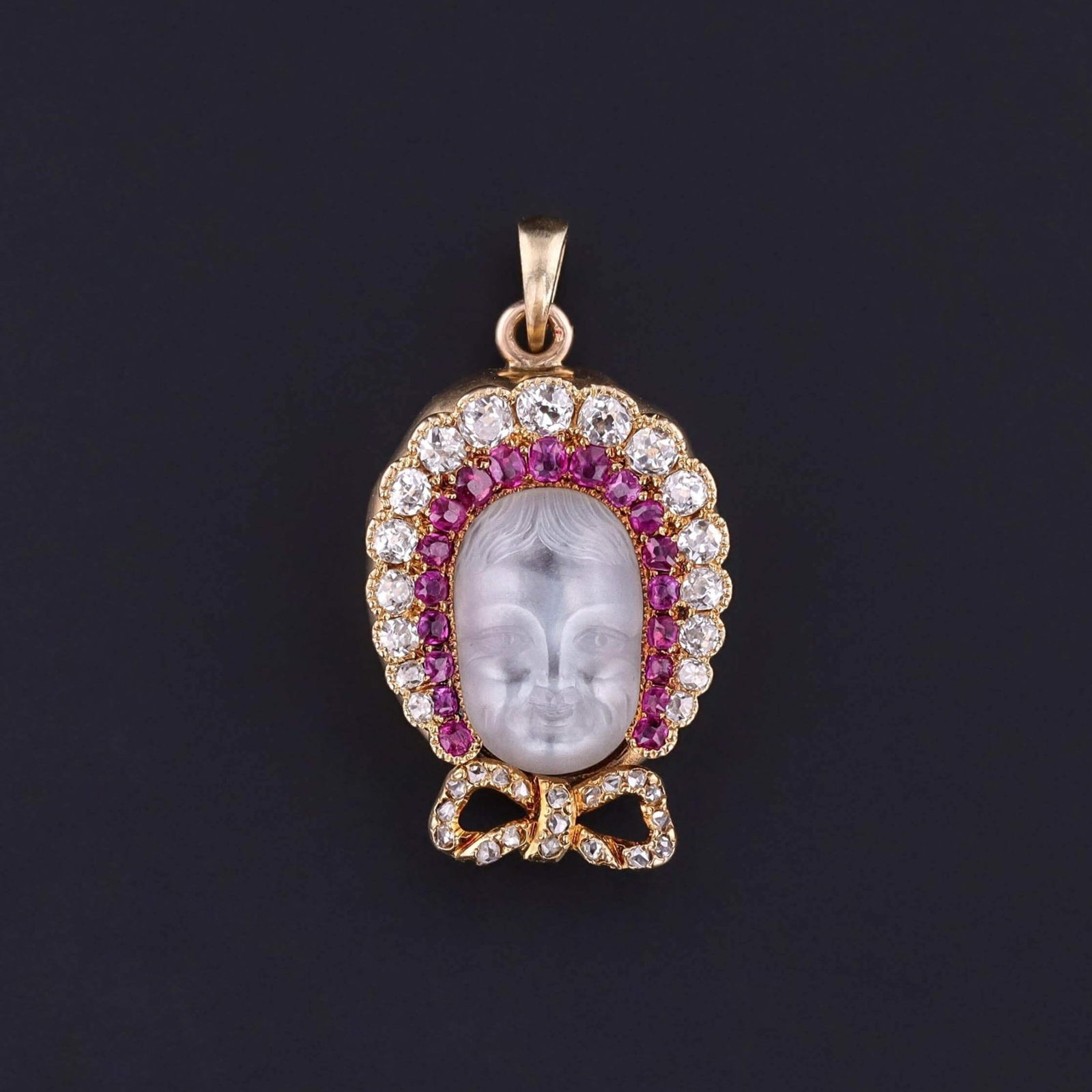 Victorian Carved Moonstone Baby Pendant of 18k Gold - Trademark Antiques