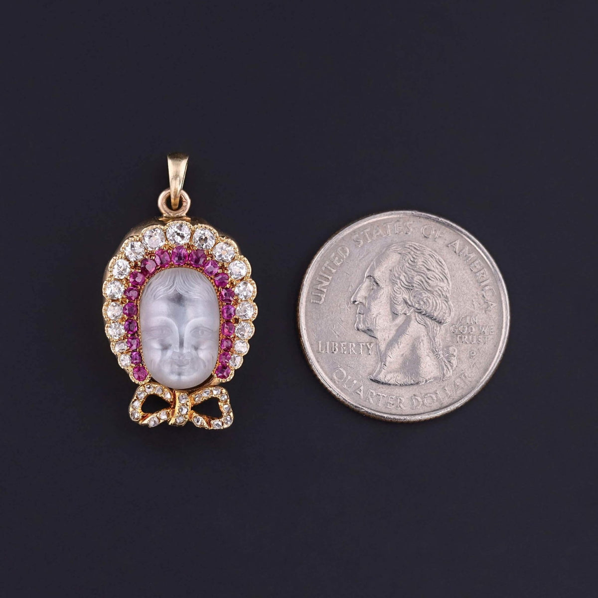 Victorian Carved Moonstone Baby Pendant of 18k Gold - Trademark Antiques