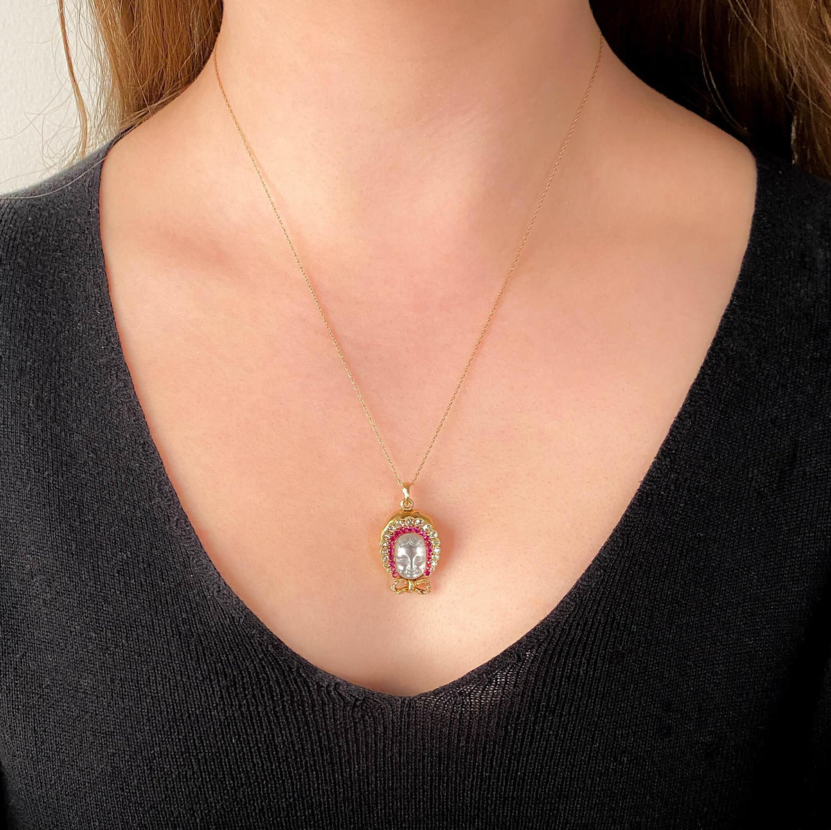 Victorian Carved Moonstone Baby Pendant of 18k Gold - Trademark Antiques