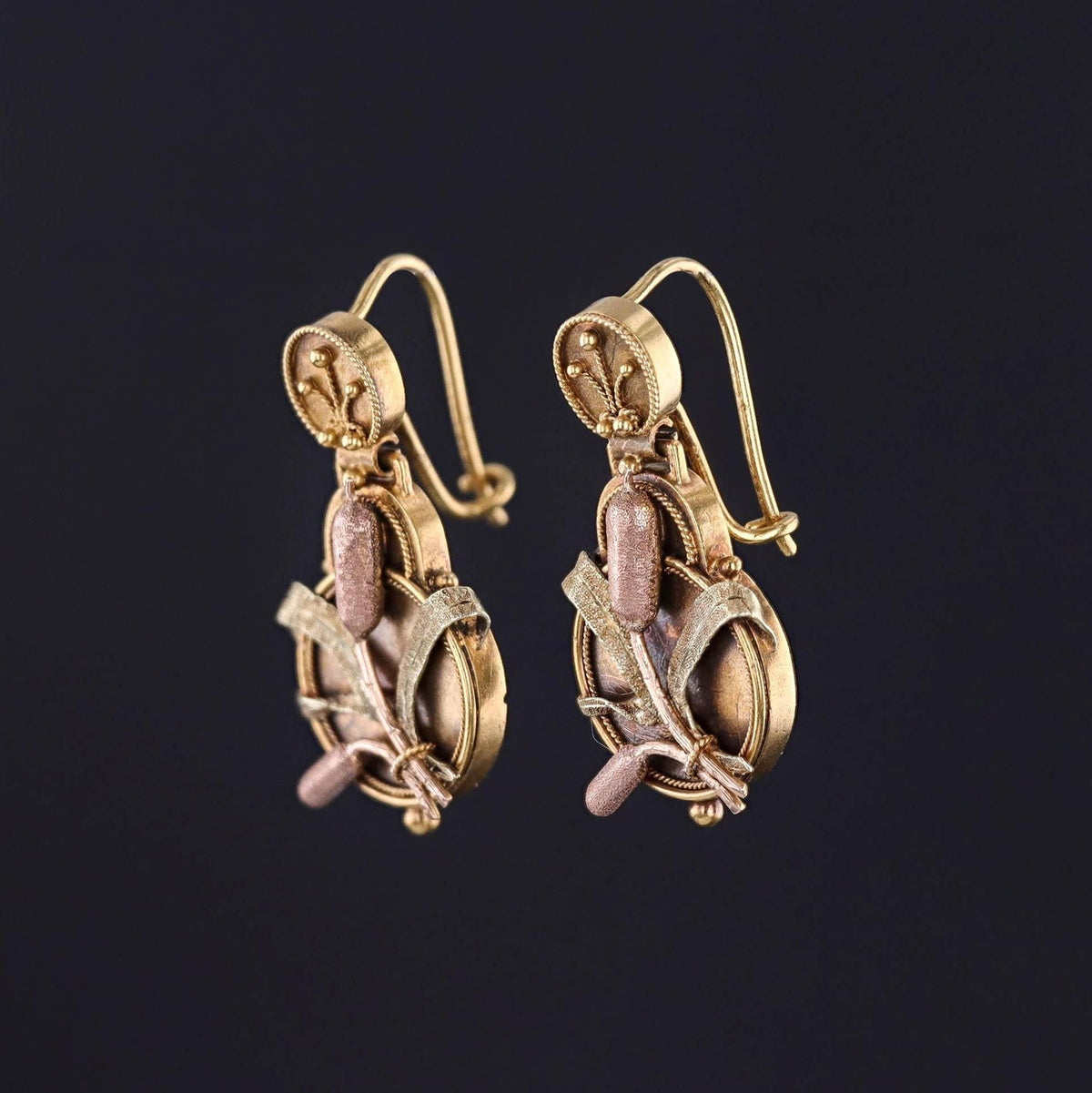 Victorian Cattail Earrings of 14k Gold - Trademark Antiques