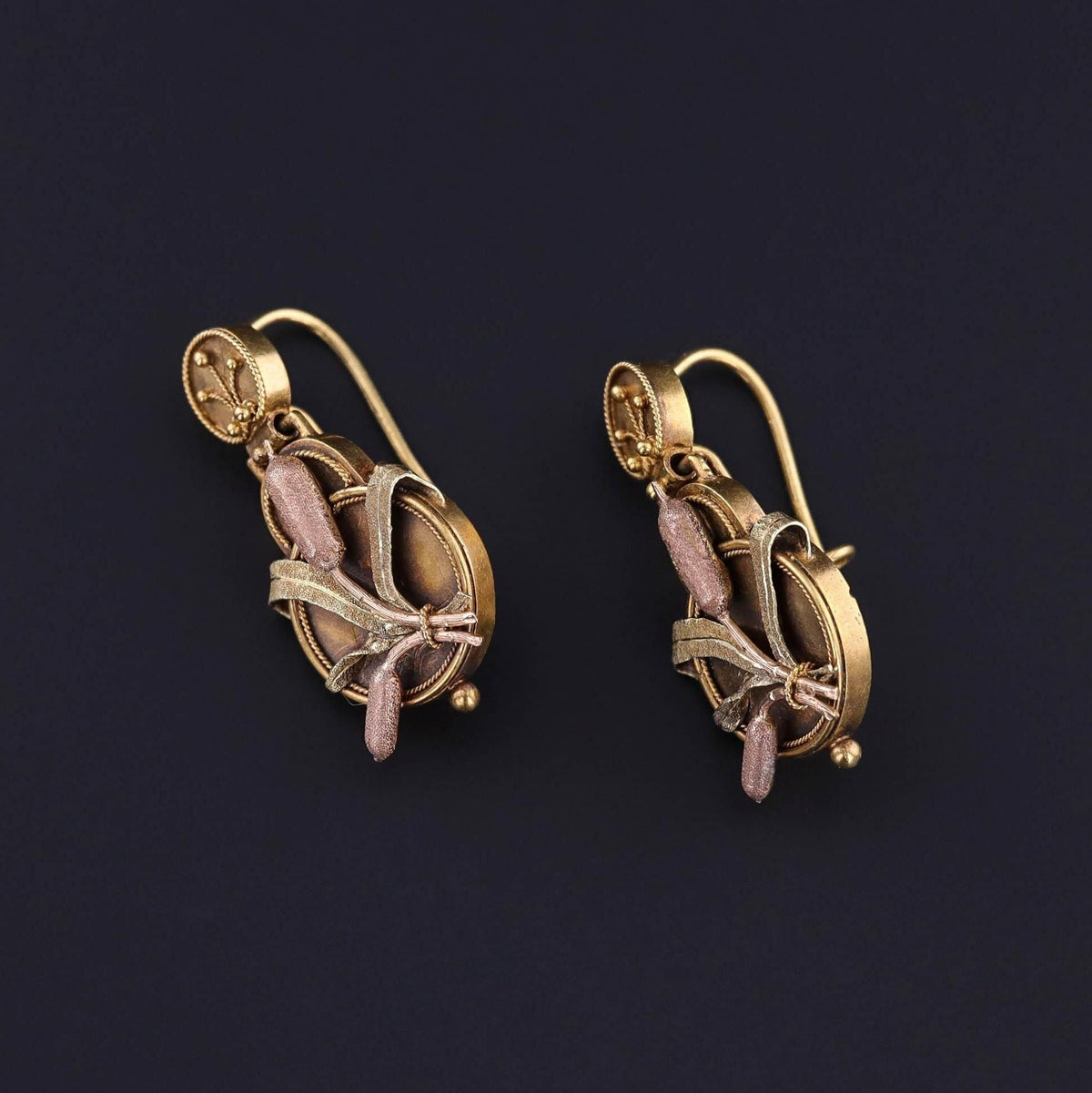 Victorian Cattail Earrings of 14k Gold - Trademark Antiques