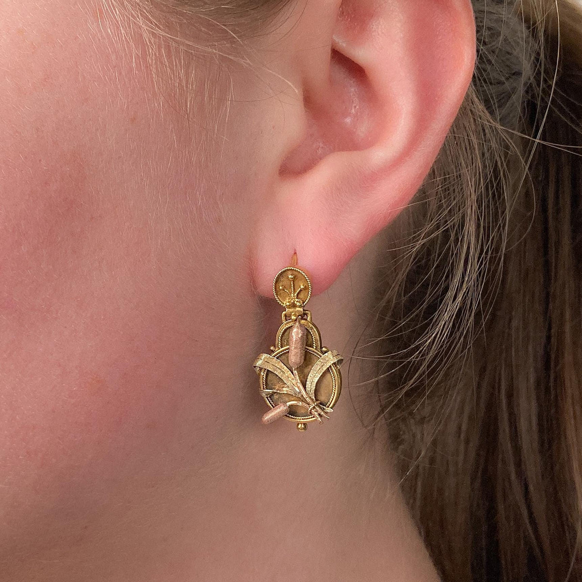 Victorian Cattail Earrings of 14k Gold - Trademark Antiques