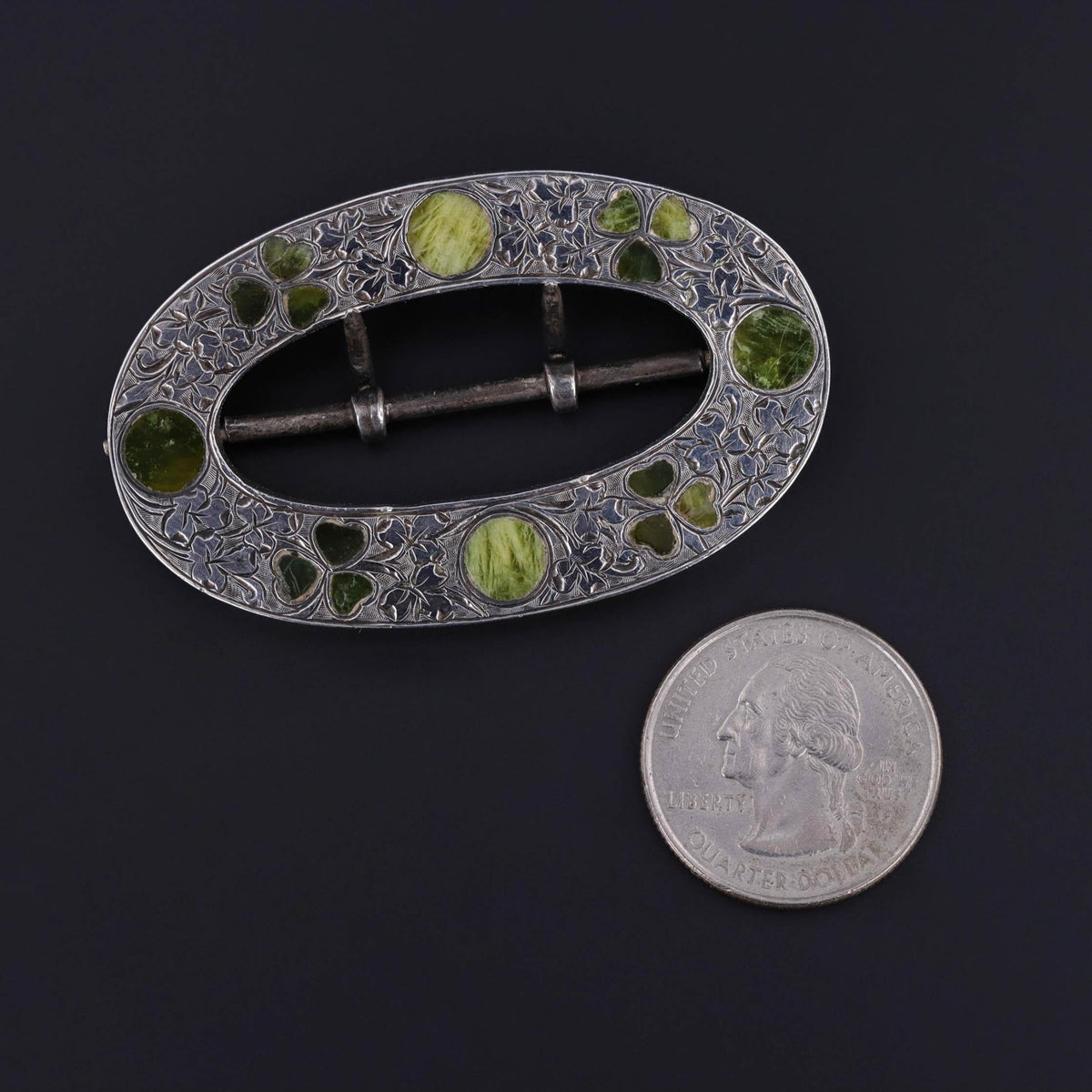 Victorian Connemara Marble Buckle of Sterling Silver - Trademark Antiques