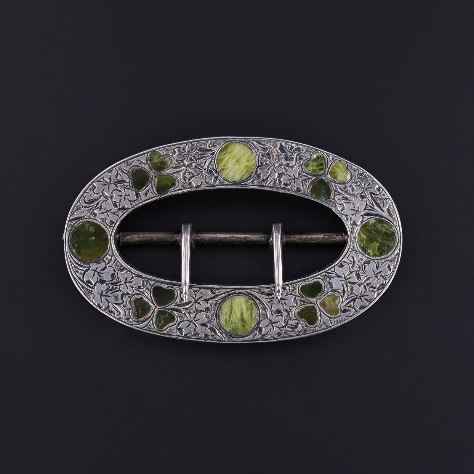 Victorian Connemara Marble Buckle of Sterling Silver - Trademark Antiques