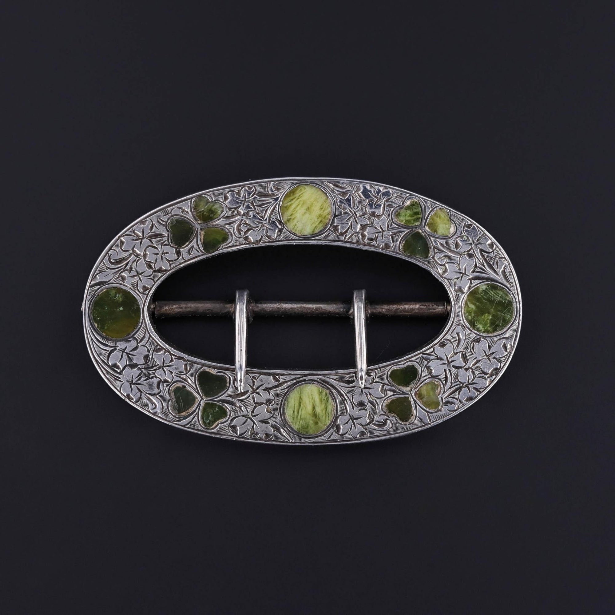 Victorian Connemara Marble Buckle of Sterling Silver - Trademark Antiques