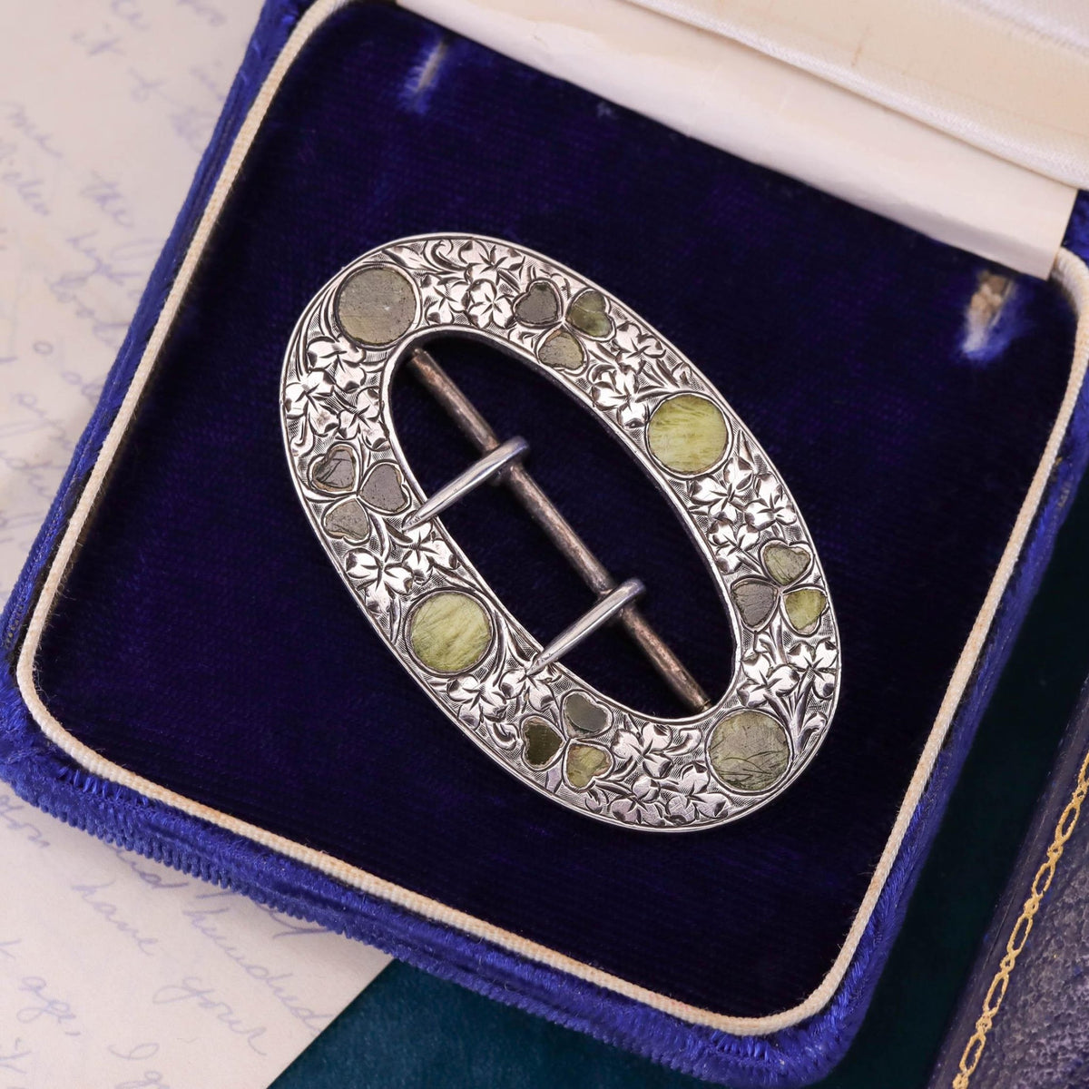 Victorian Connemara Marble Buckle of Sterling Silver - Trademark Antiques