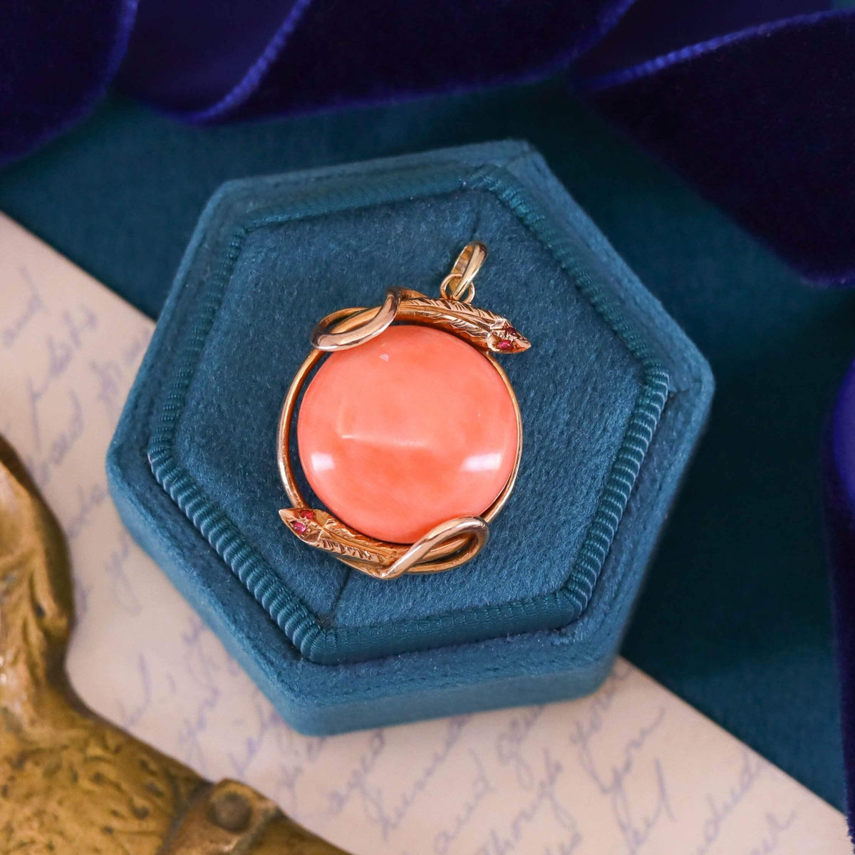 Victorian Coral Snake Pendant of 14k Gold - Trademark Antiques