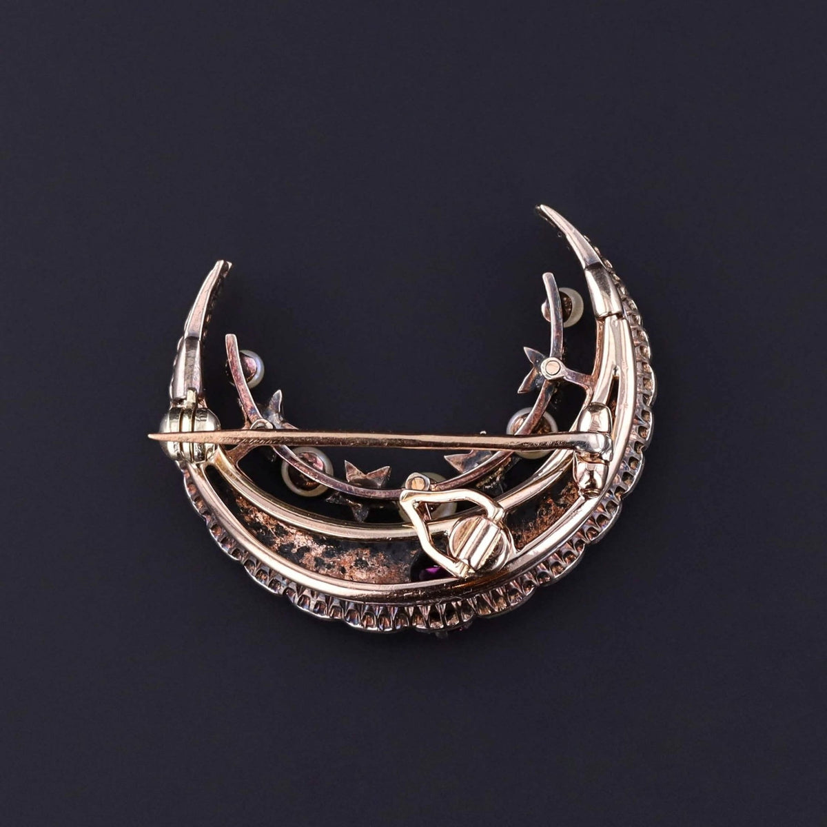Victorian Diamond and Ruby Crescent Moon Brooch in Box - Trademark Antiques