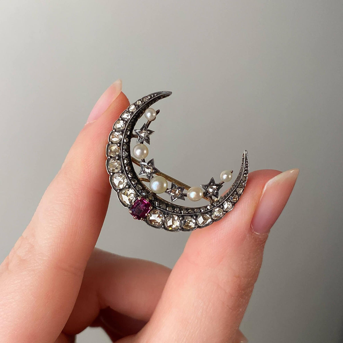 Victorian Diamond and Ruby Crescent Moon Brooch in Box - Trademark Antiques