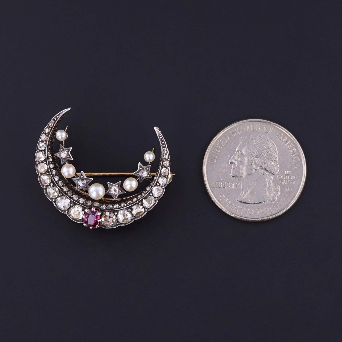 Victorian Diamond and Ruby Crescent Moon Brooch in Box - Trademark Antiques