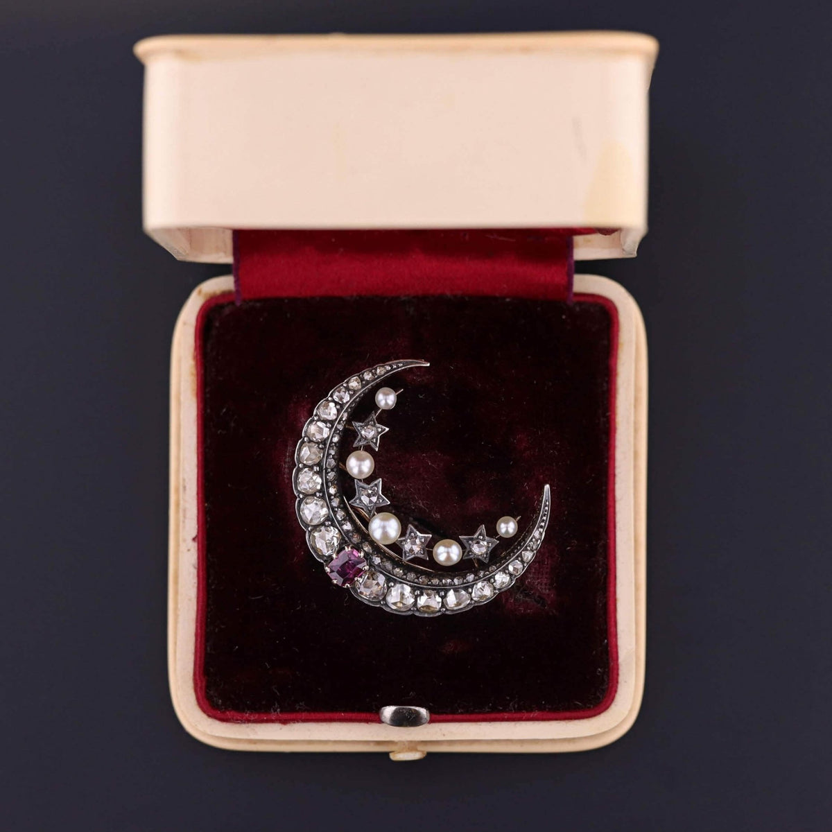 Victorian Diamond and Ruby Crescent Moon Brooch in Box - Trademark Antiques