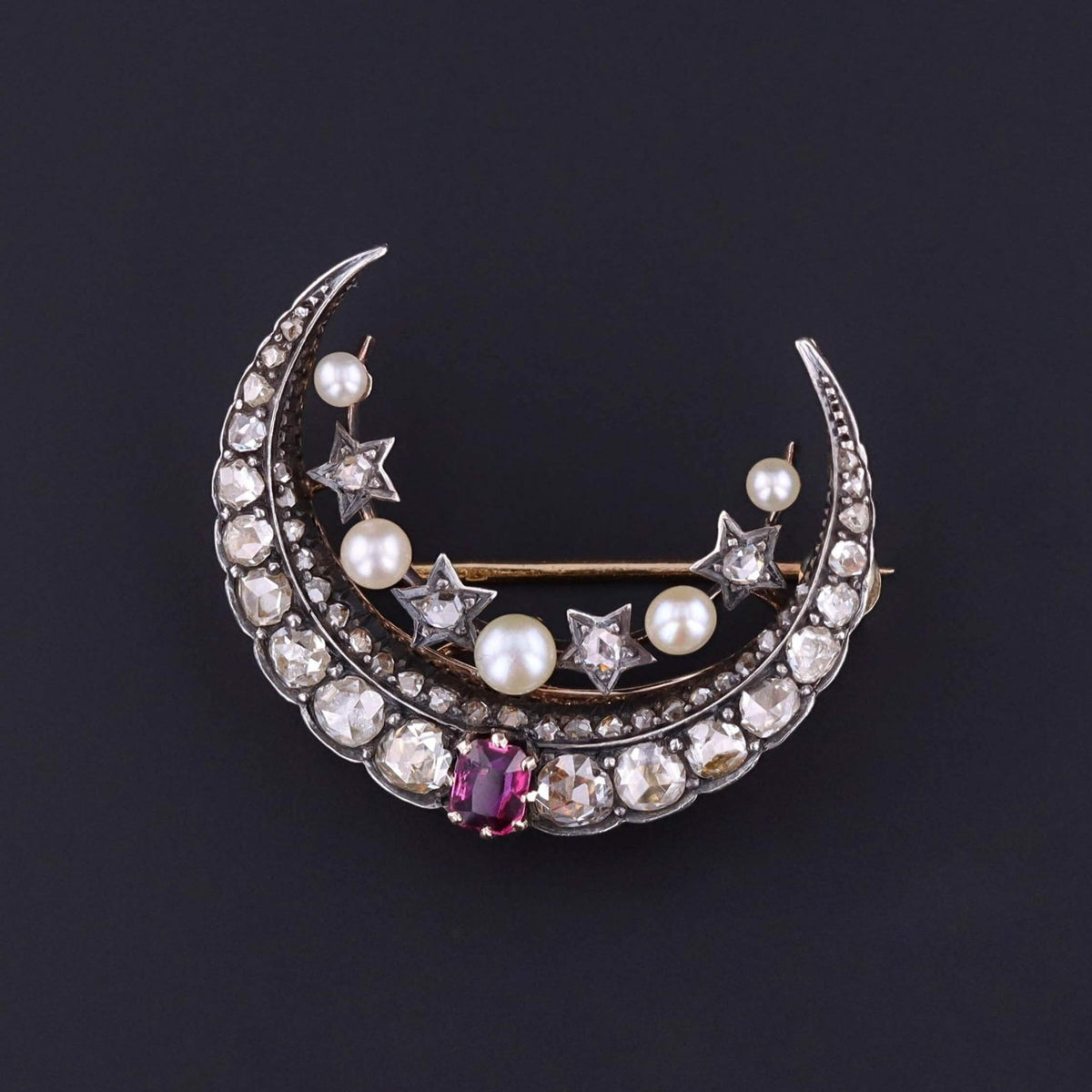 Victorian Diamond and Ruby Crescent Moon Brooch in Box - Trademark Antiques