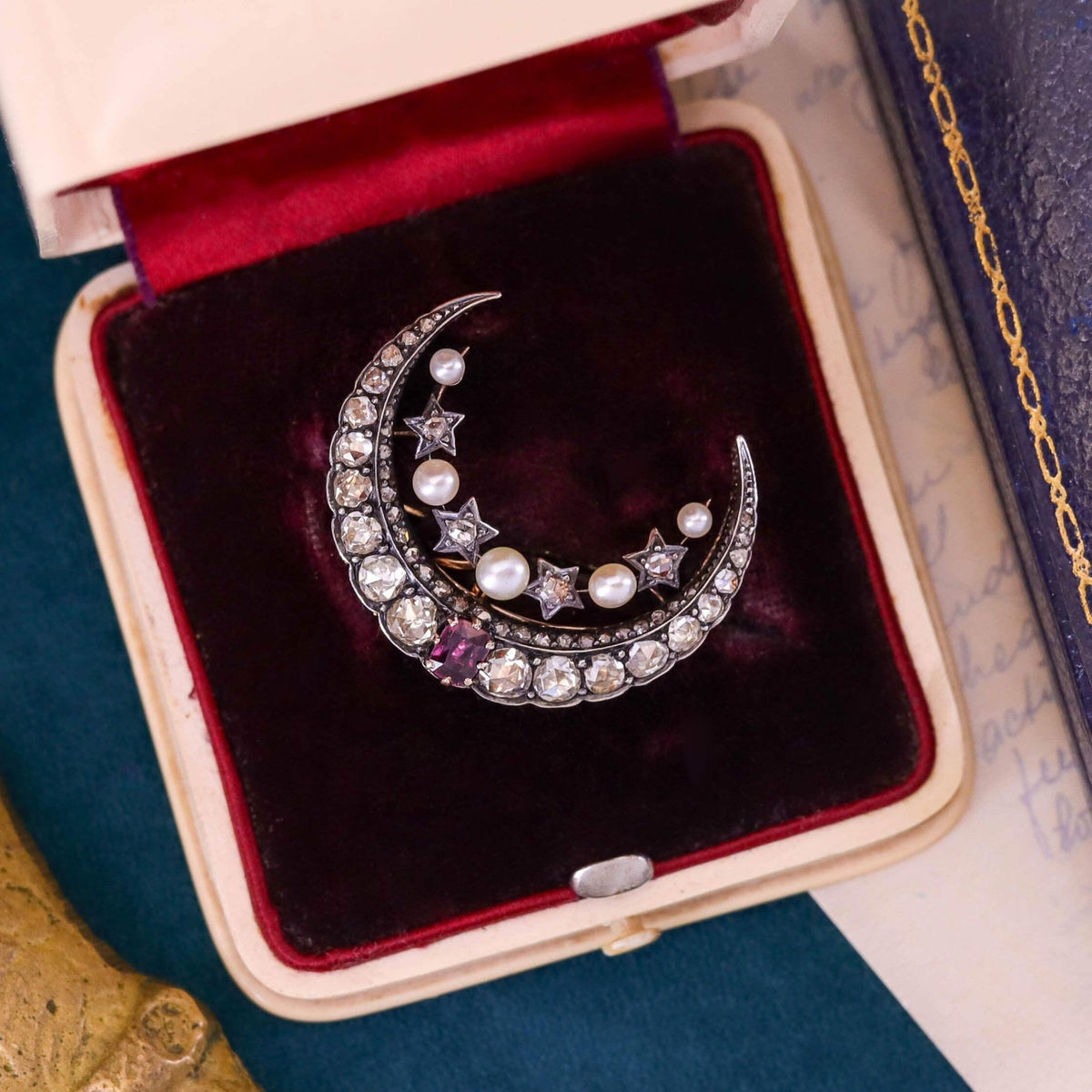 Victorian Diamond and Ruby Crescent Moon Brooch in Box - Trademark Antiques