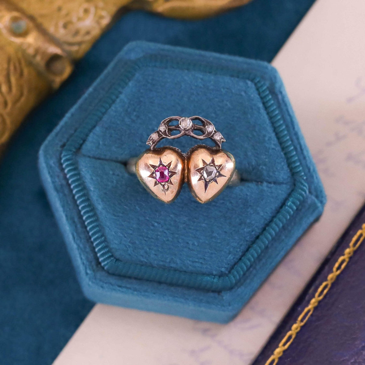 Victorian Diamond and Ruby Heart Ring of 14k Gold - Trademark Antiques