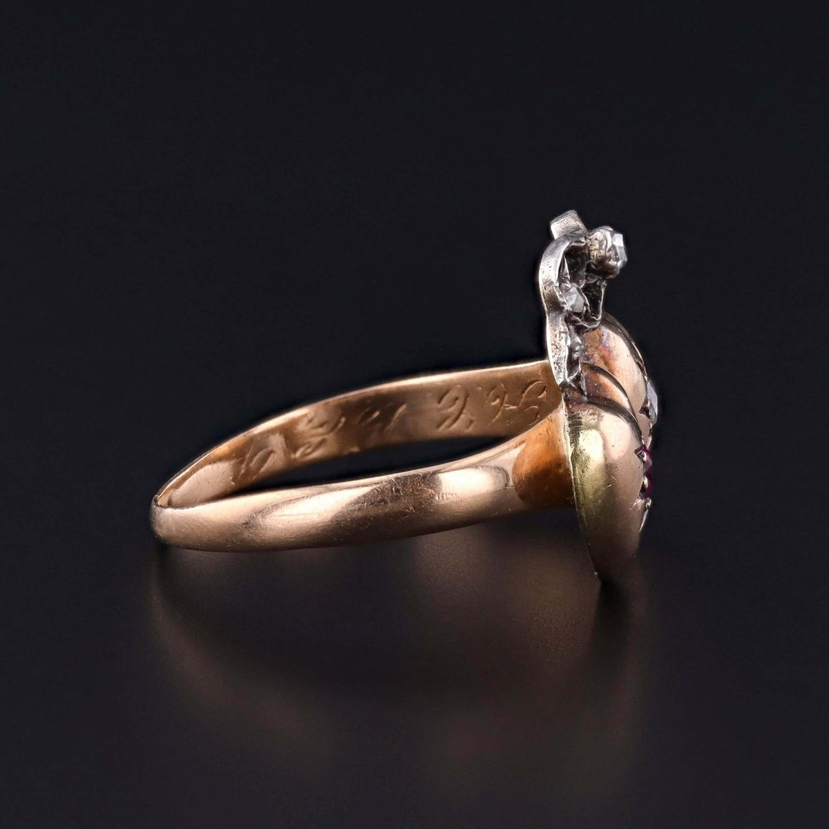 Victorian Diamond and Ruby Heart Ring of 14k Gold - Trademark Antiques