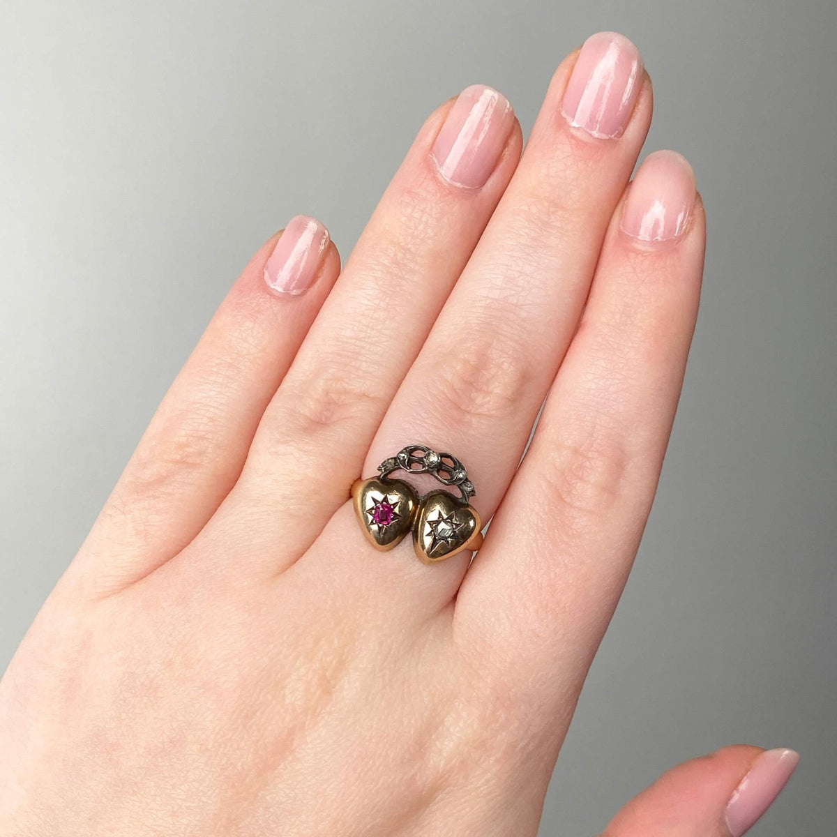 Victorian Diamond and Ruby Heart Ring of 14k Gold - Trademark Antiques
