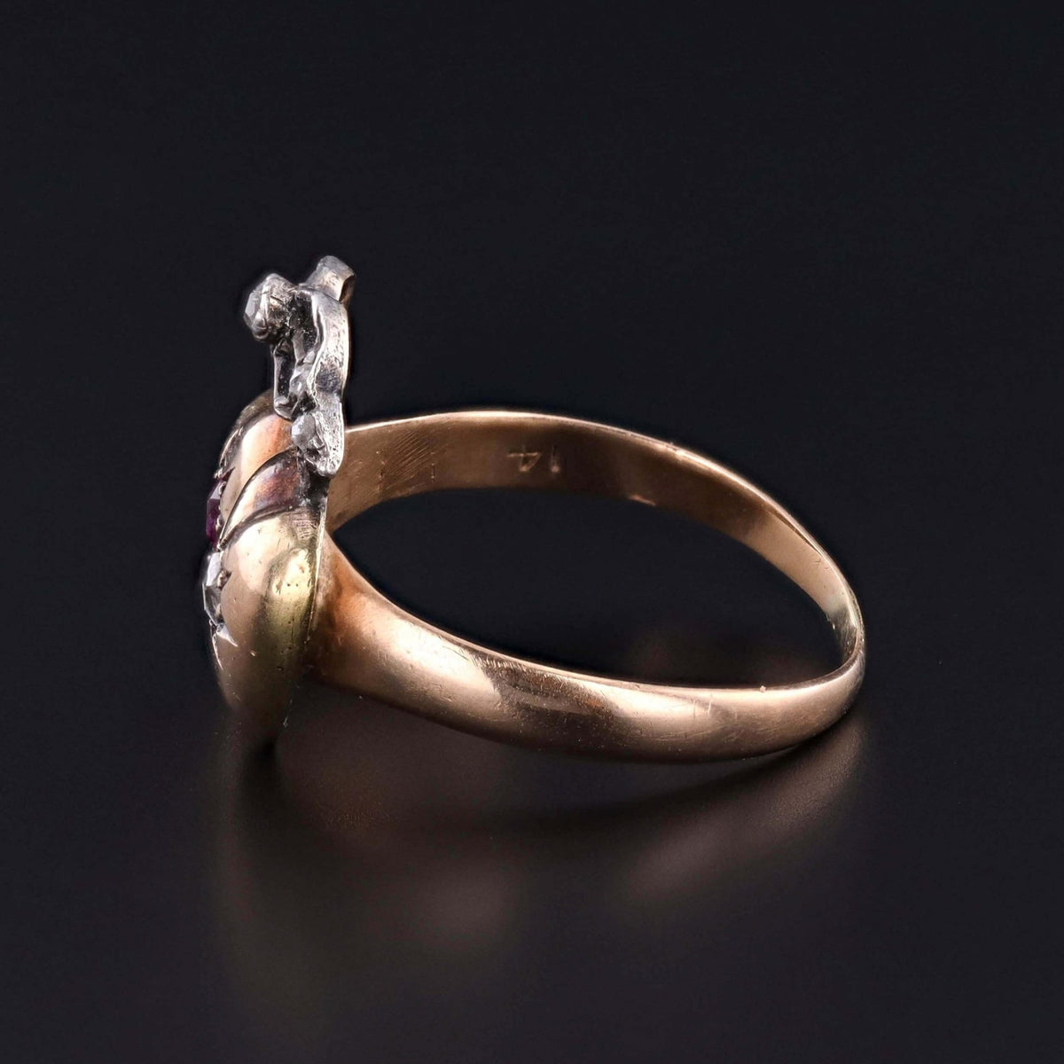 Victorian Diamond and Ruby Heart Ring of 14k Gold - Trademark Antiques