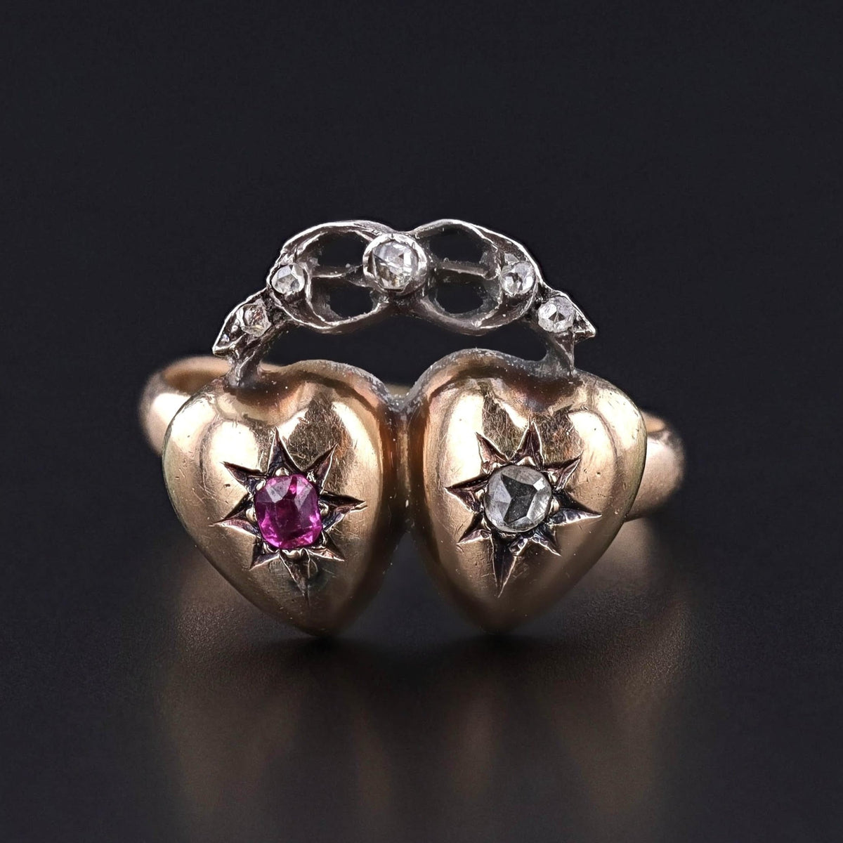 Victorian Diamond and Ruby Heart Ring of 14k Gold - Trademark Antiques