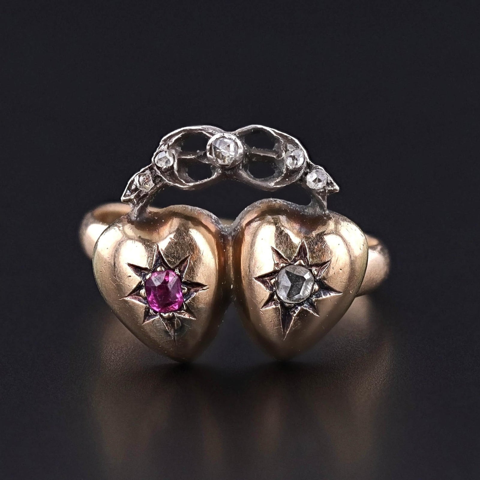 Victorian Diamond and Ruby Heart Ring of 14k Gold - Trademark Antiques