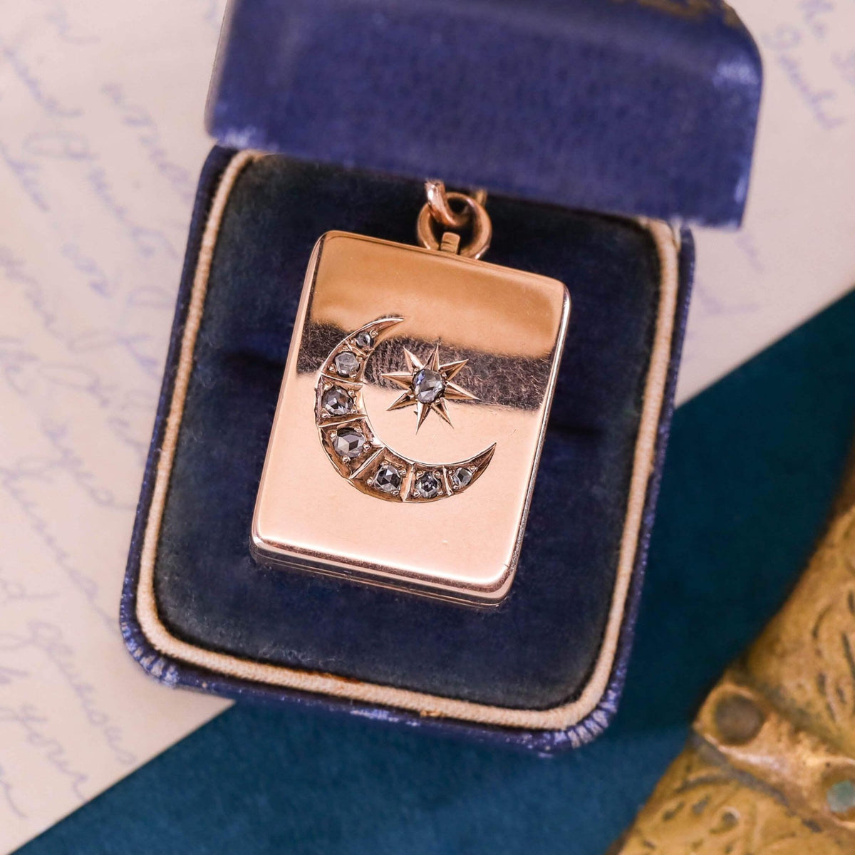Victorian Diamond Crescent Moon Locket of 9k Gold - Trademark Antiques