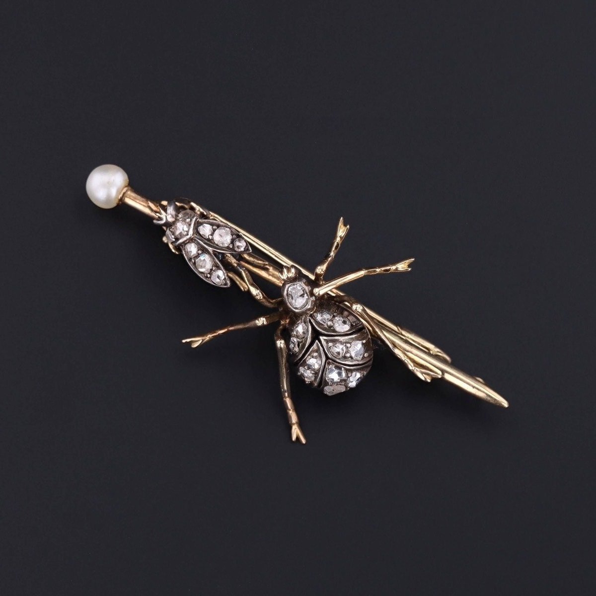 Victorian Diamond Insect Brooch Silver Topped 14k Gold - Trademark Antiques