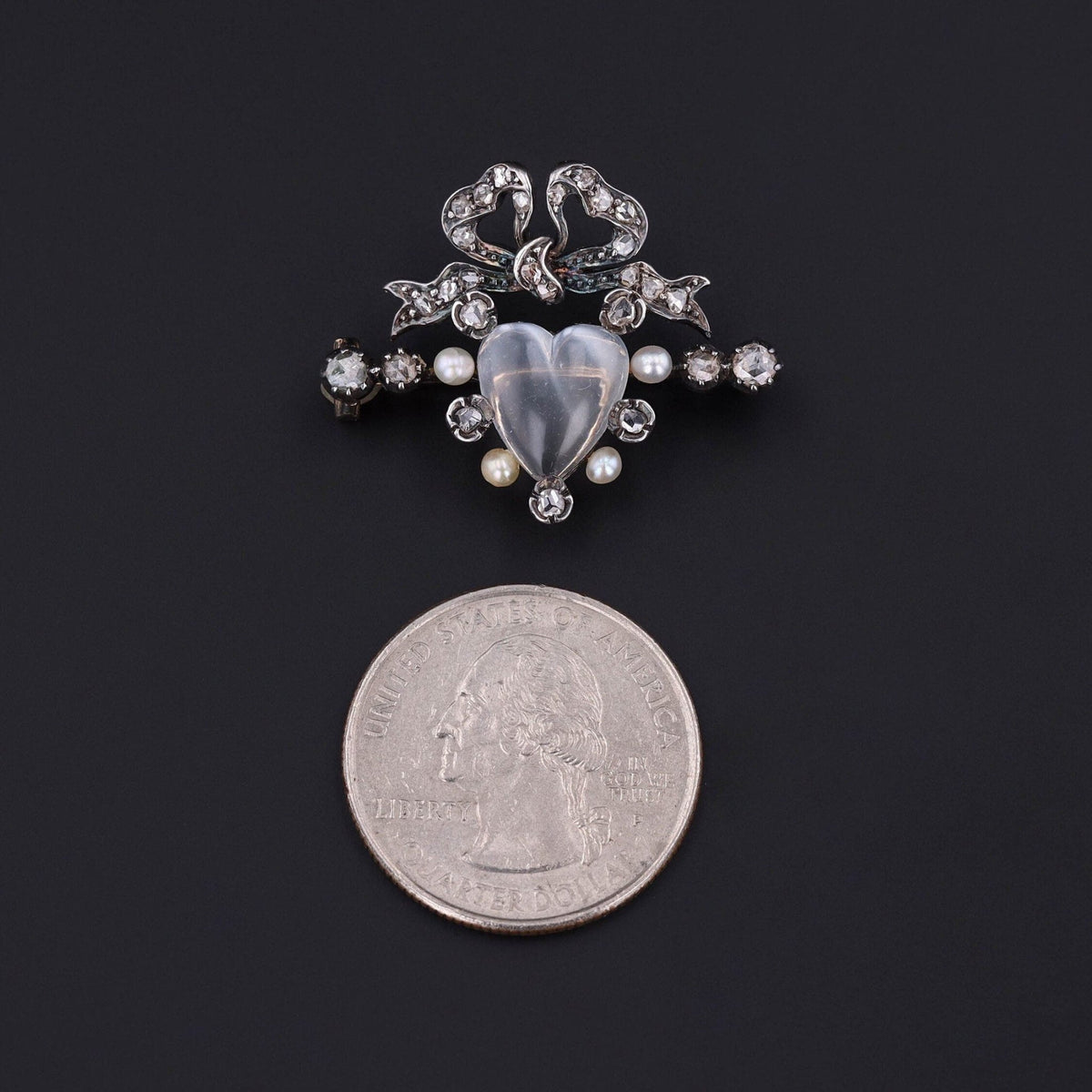 Victorian Diamond Pearl and Moonstone Heart Brooch - Trademark Antiques