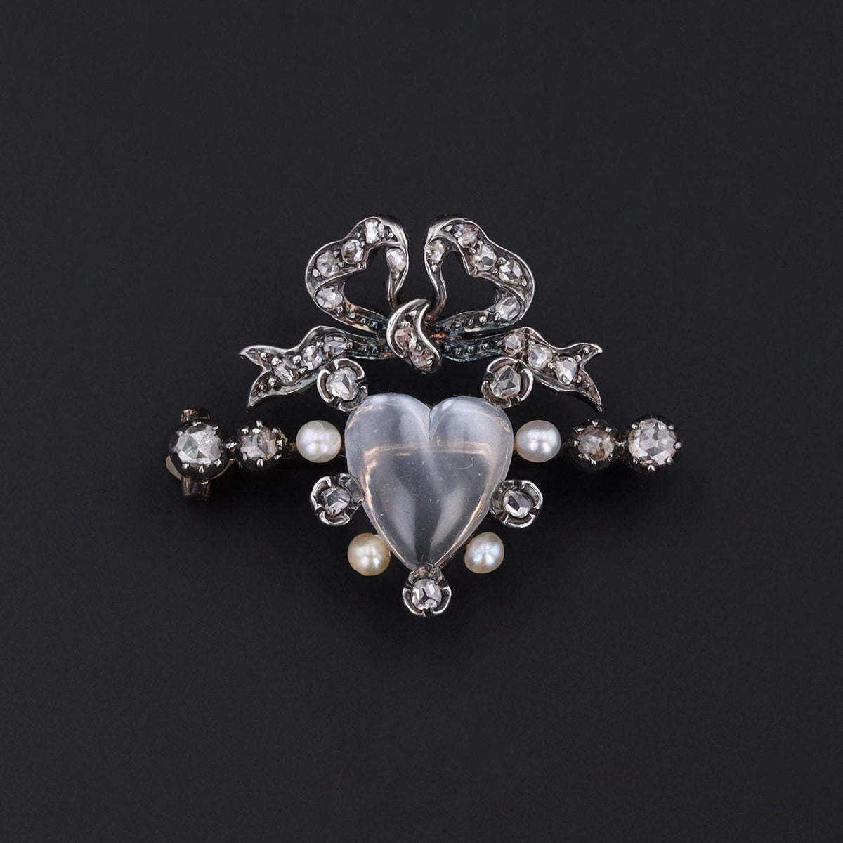 Victorian Diamond Pearl and Moonstone Heart Brooch - Trademark Antiques