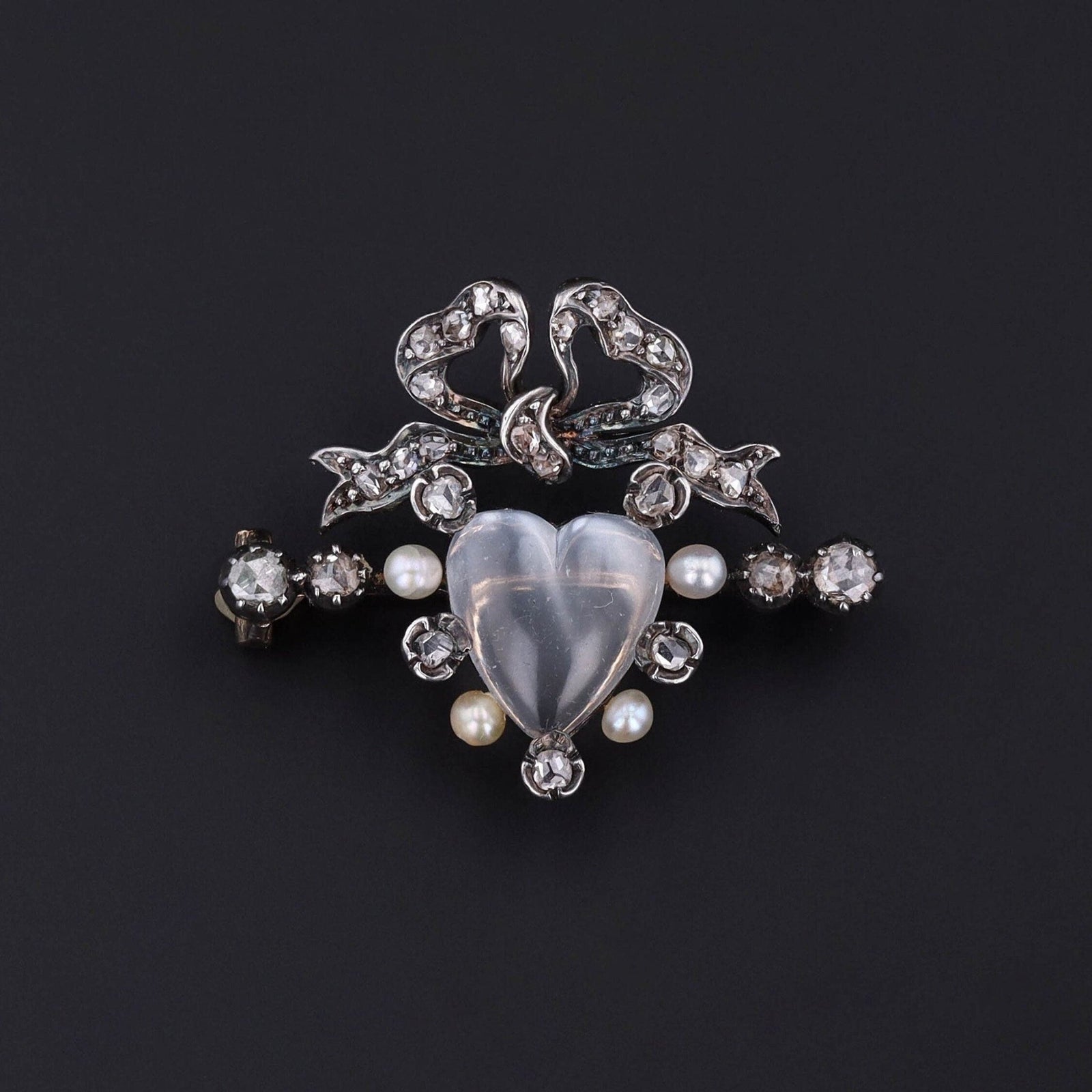 Victorian Diamond Pearl and Moonstone Heart Brooch - Trademark Antiques