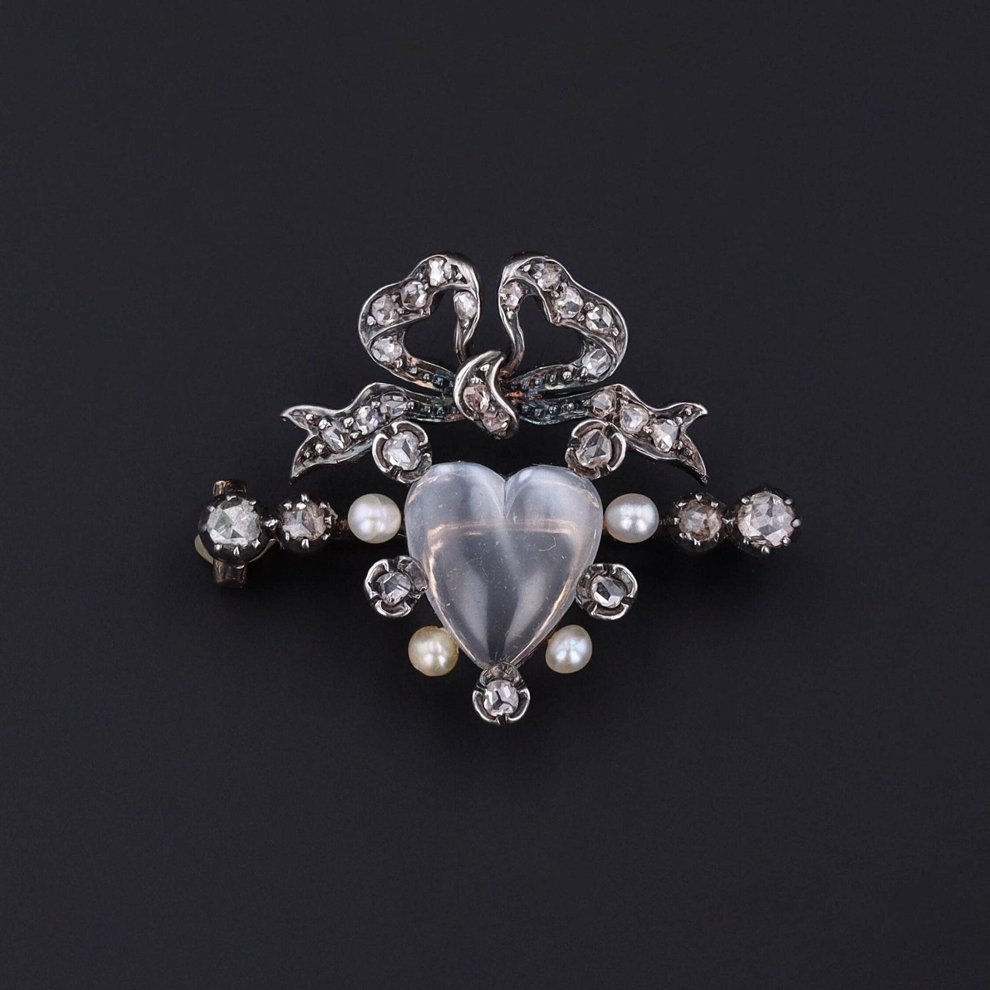 Victorian Diamond Pearl and Moonstone Heart Brooch - Trademark Antiques