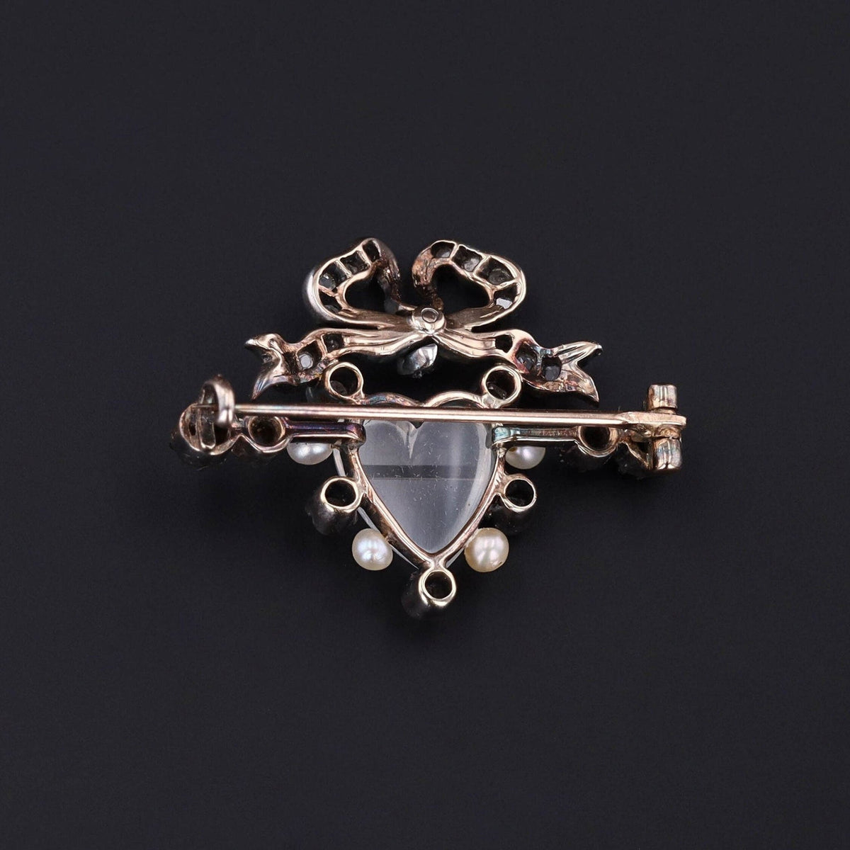 Victorian Diamond Pearl and Moonstone Heart Brooch - Trademark Antiques