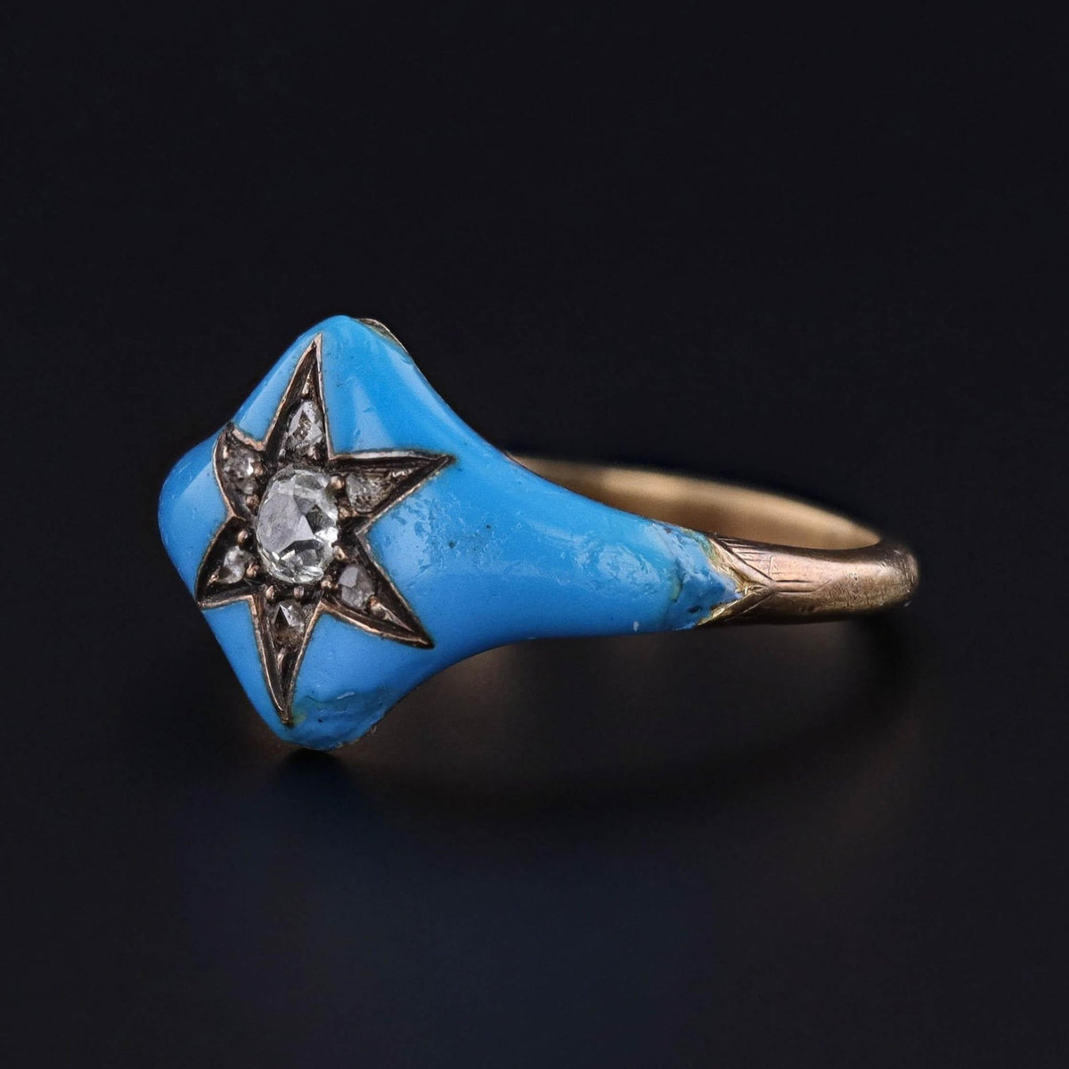 Victorian Enamel and Diamond Star Ring of 14k Gold - Trademark Antiques