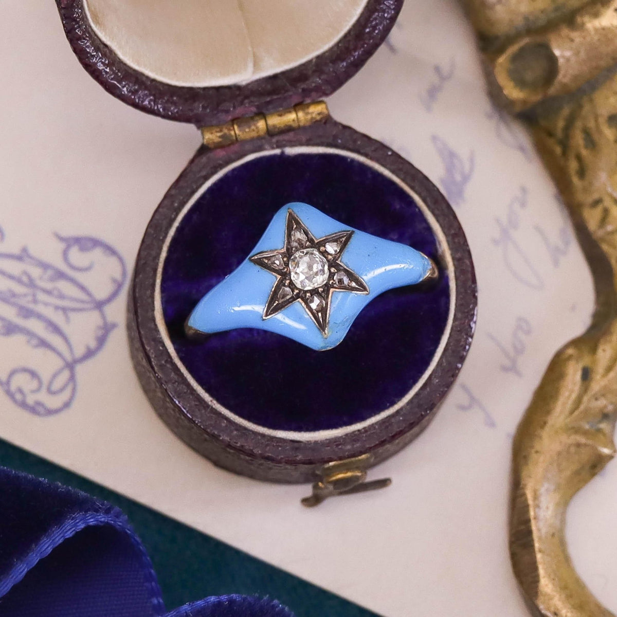 Victorian Enamel and Diamond Star Ring of 14k Gold - Trademark Antiques