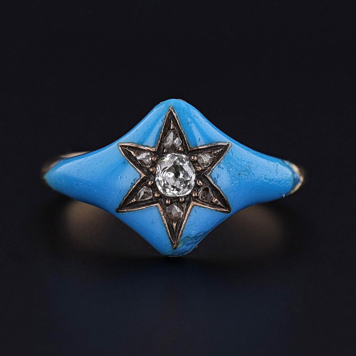 Victorian Enamel and Diamond Star Ring of 14k Gold - Trademark Antiques