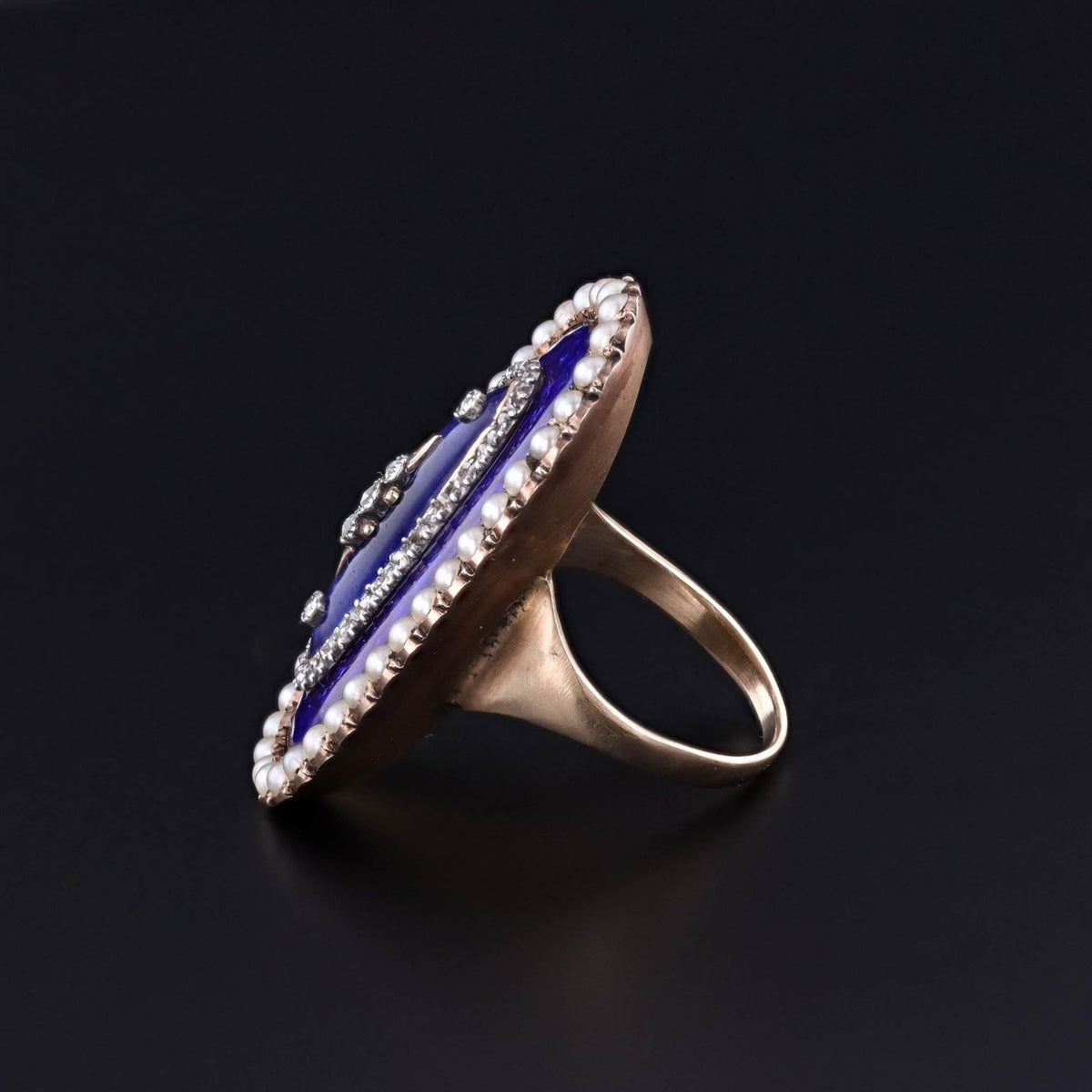 Victorian Enamel and Pearl Ring of 14k Gold - Trademark Antiques