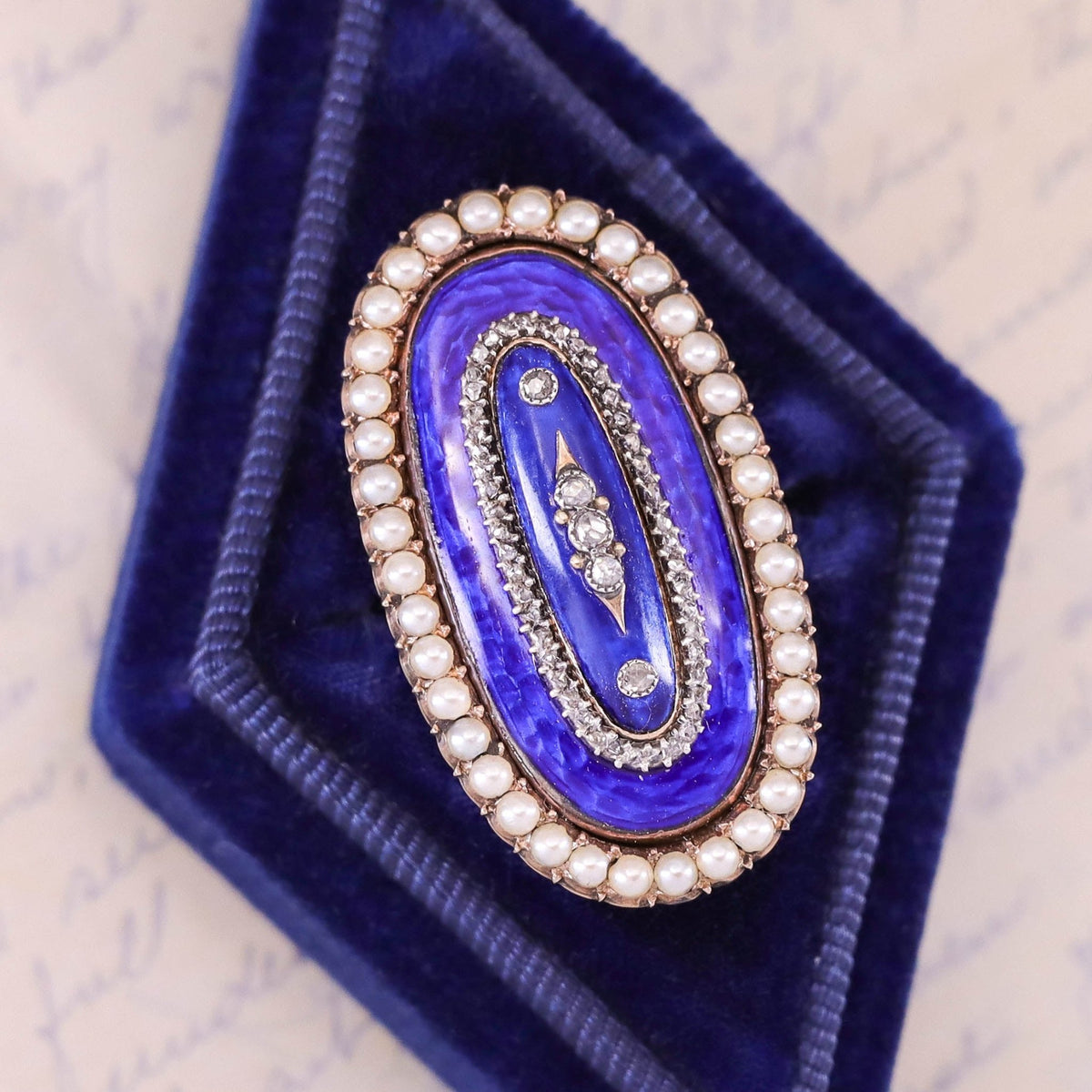 Victorian Enamel and Pearl Ring of 14k Gold - Trademark Antiques