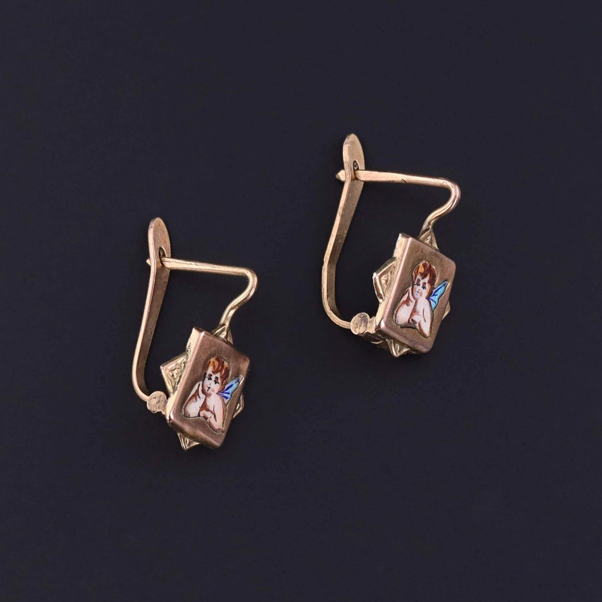 Victorian Enamel Cherub Earrings of 9k Gold - Trademark Antiques