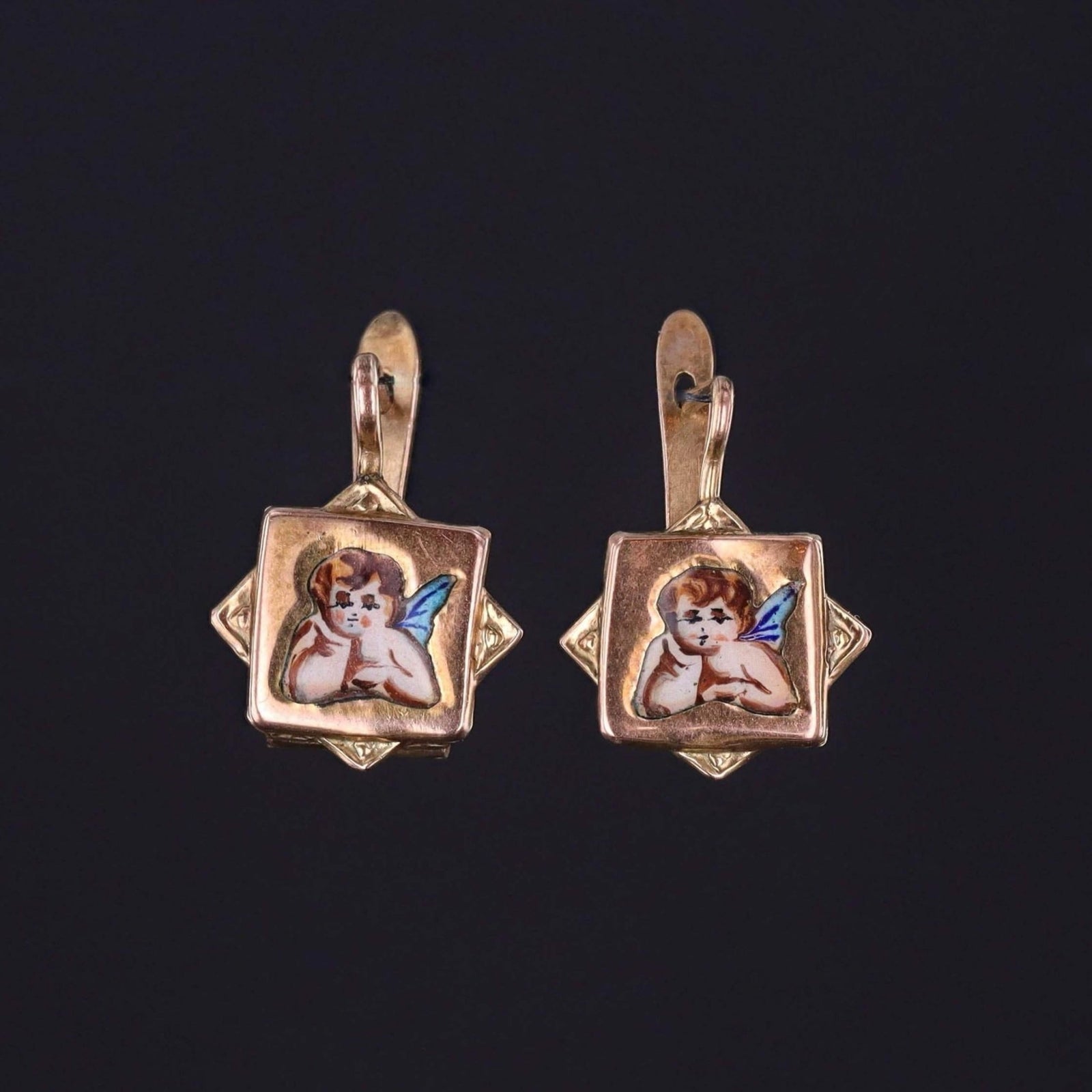 Victorian Enamel Cherub Earrings of 9k Gold - Trademark Antiques
