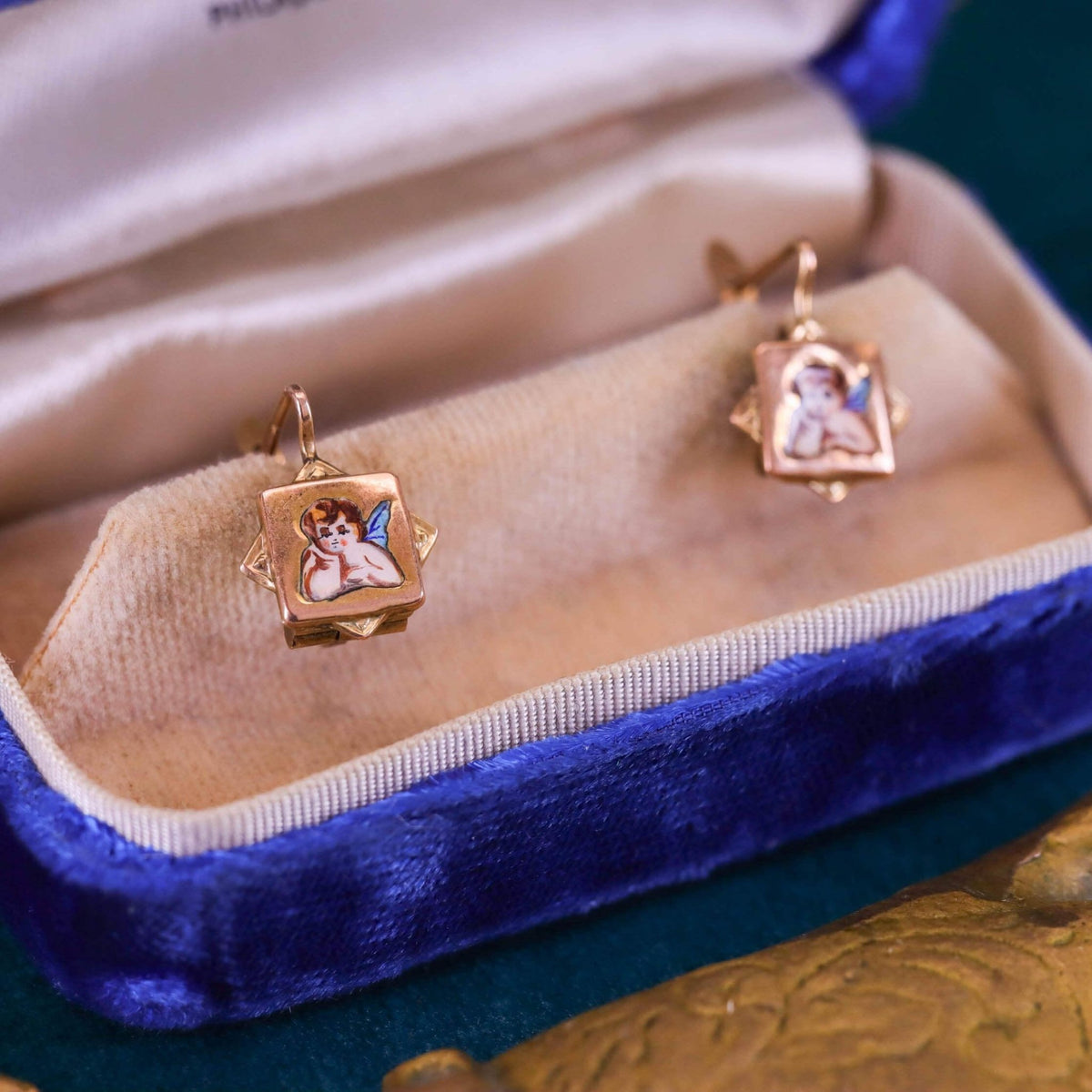 Victorian Enamel Cherub Earrings of 9k Gold - Trademark Antiques