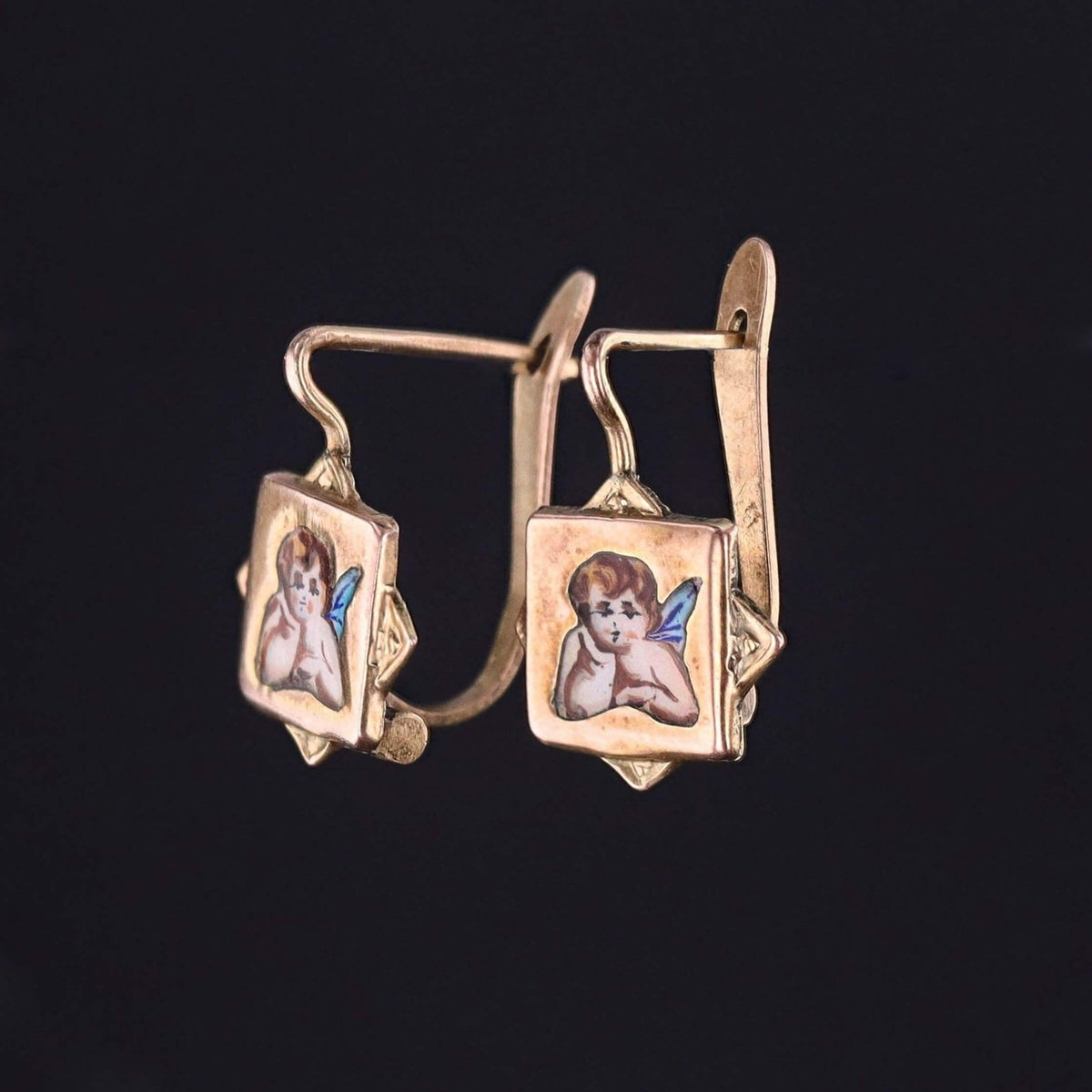 Victorian Enamel Cherub Earrings of 9k Gold - Trademark Antiques