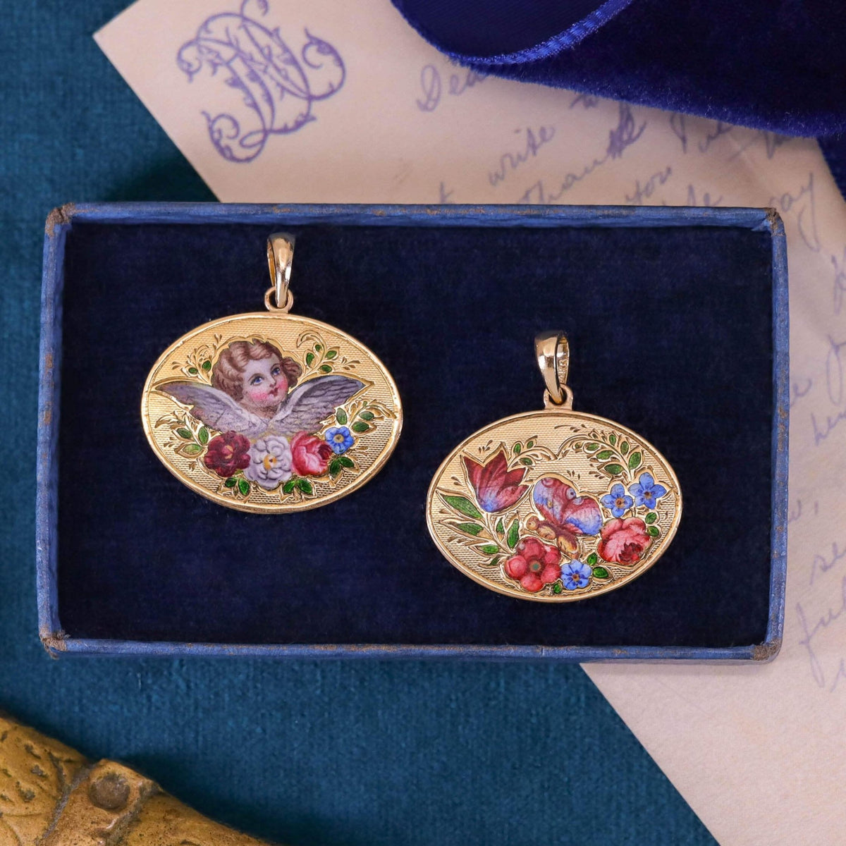 Victorian Enamel Cherub Pendant of 14k of 18k Gold - Trademark Antiques