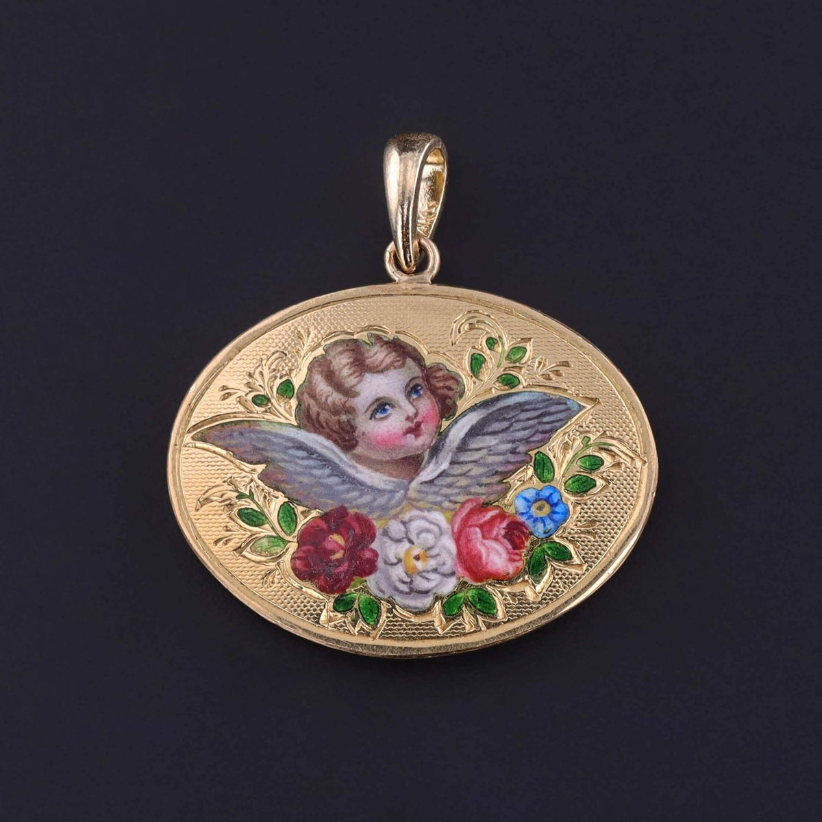 Victorian Enamel Cherub Pendant of 14k of 18k Gold - Trademark Antiques