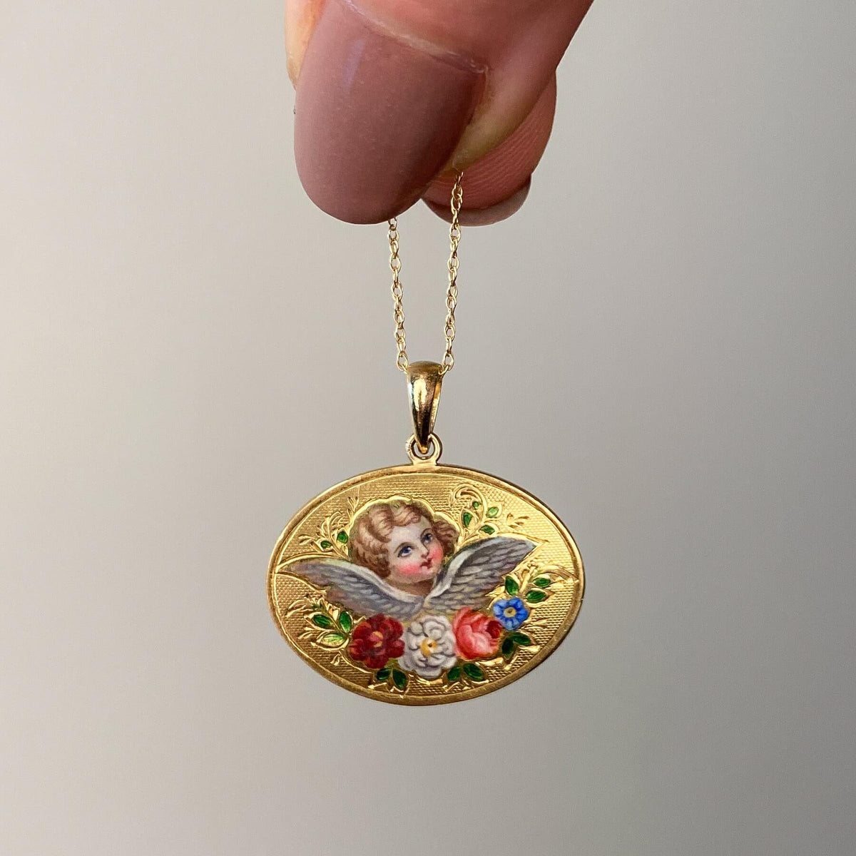 Victorian Enamel Cherub Pendant of 14k of 18k Gold - Trademark Antiques