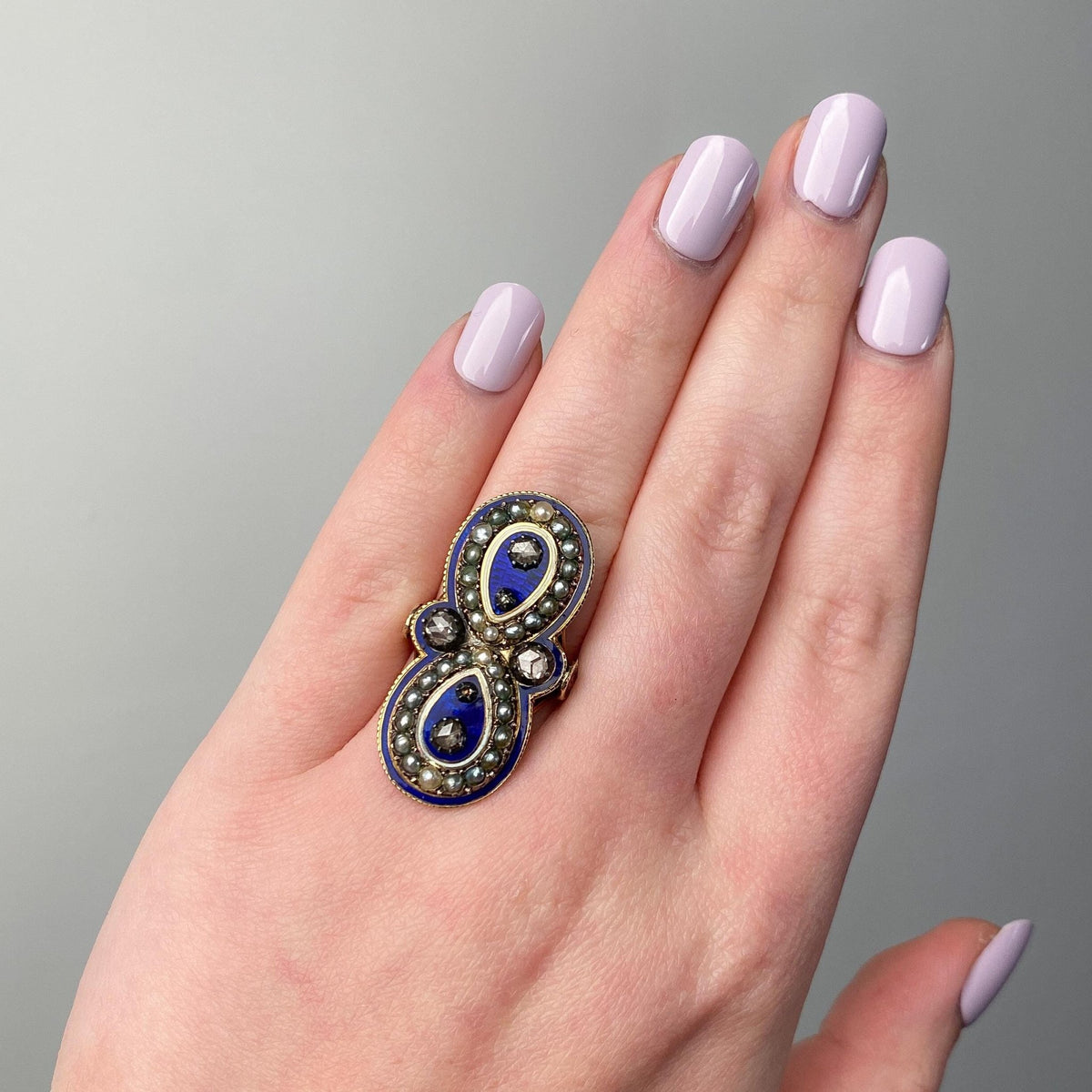 Victorian Enamel Diamond and Pearl Ring of 14k Gold - Trademark Antiques