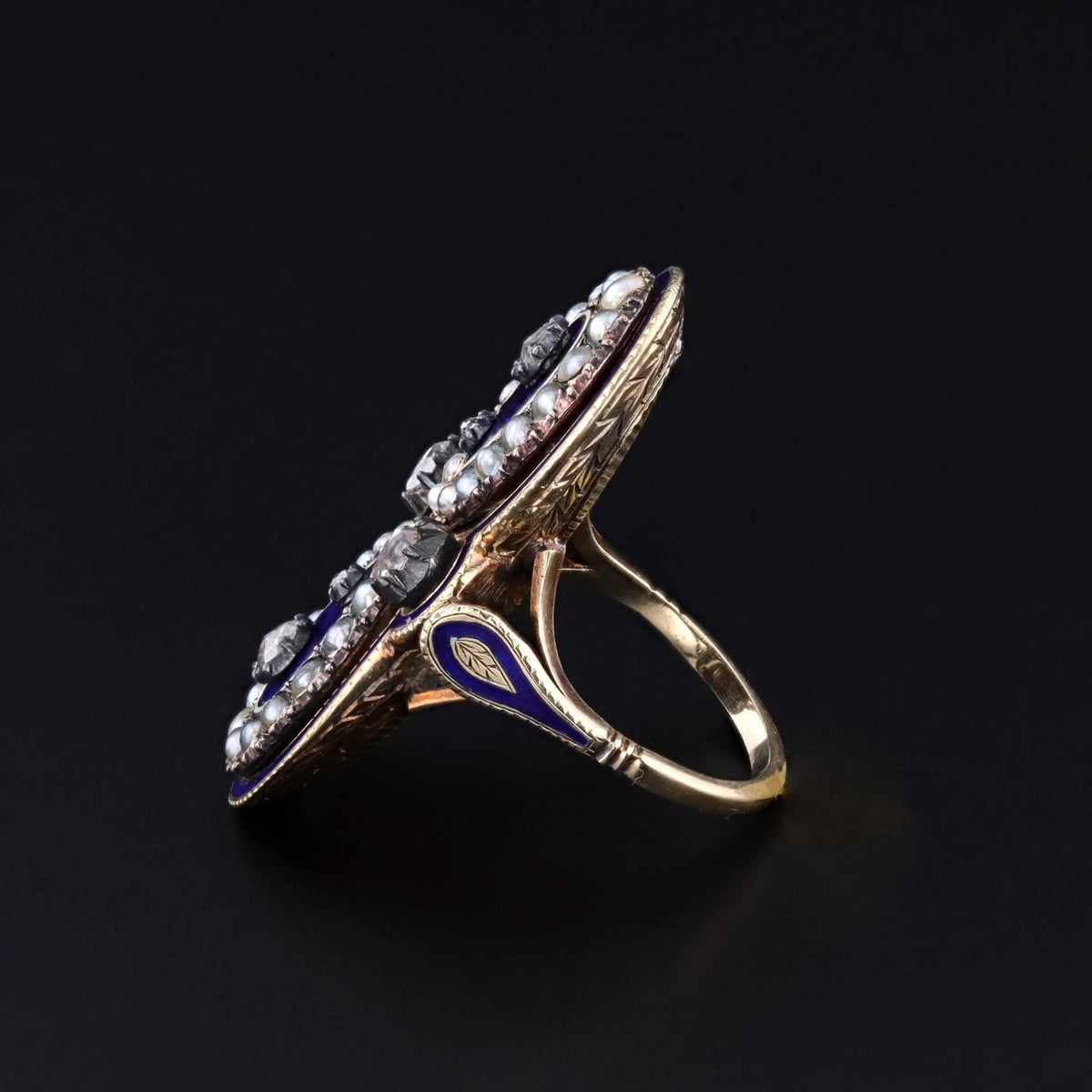 Victorian Enamel Diamond and Pearl Ring of 14k Gold - Trademark Antiques