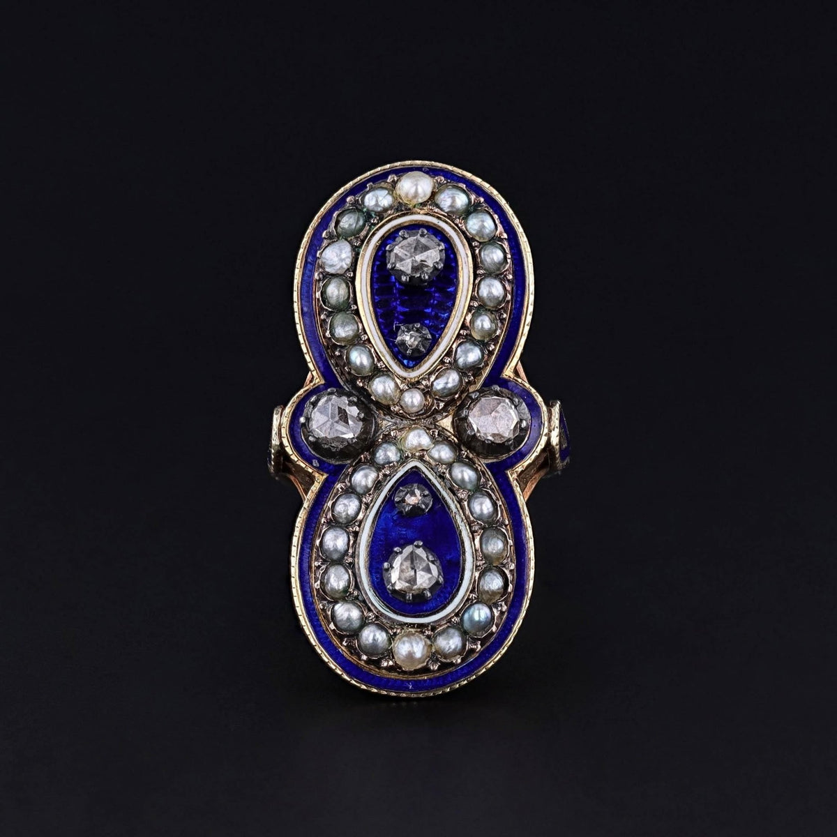 Victorian Enamel Diamond and Pearl Ring of 14k Gold - Trademark Antiques