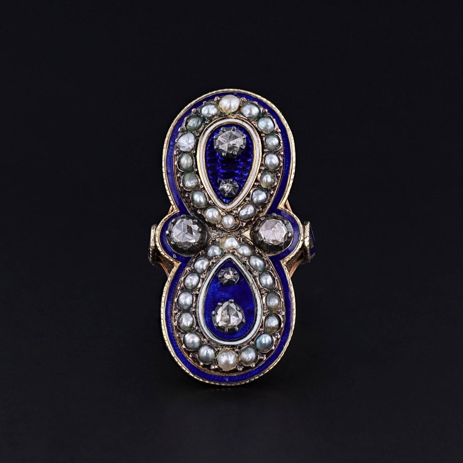 Victorian Enamel Diamond and Pearl Ring of 14k Gold - Trademark Antiques