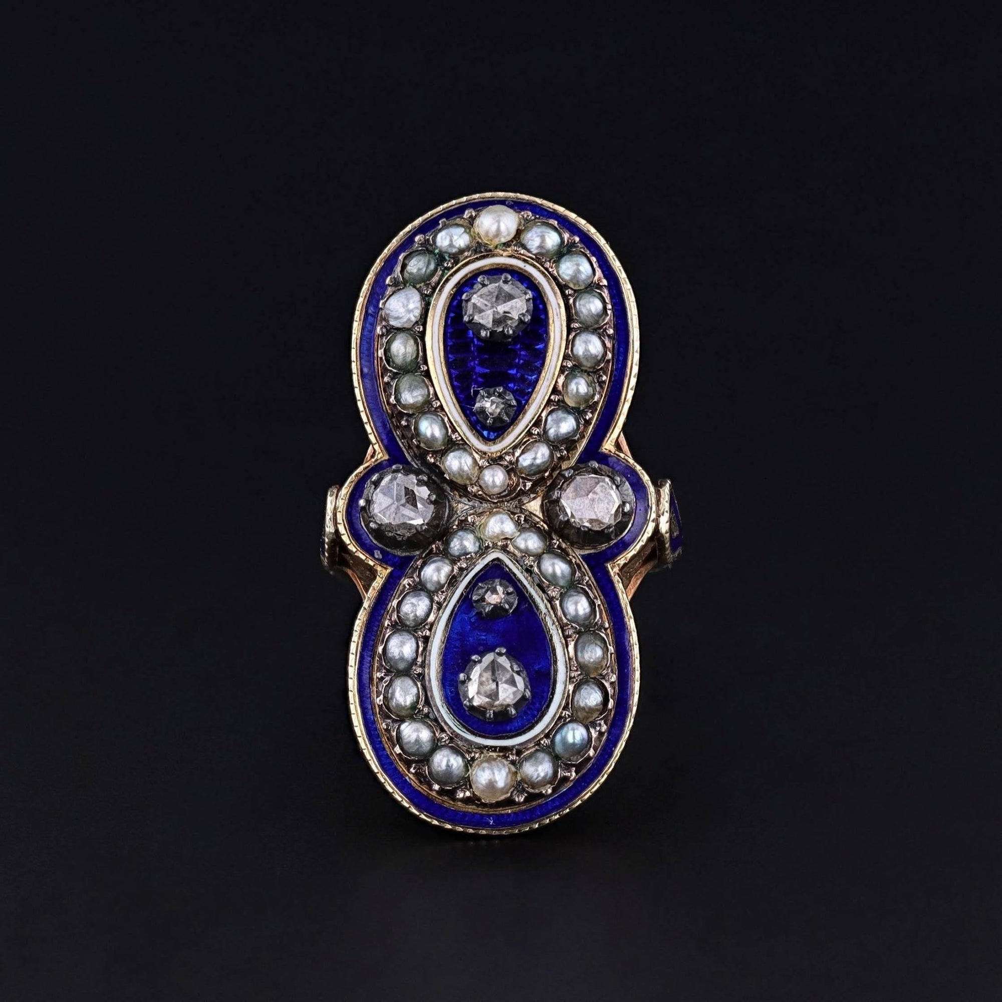 Victorian Enamel Diamond and Pearl Ring of 14k Gold - Trademark Antiques